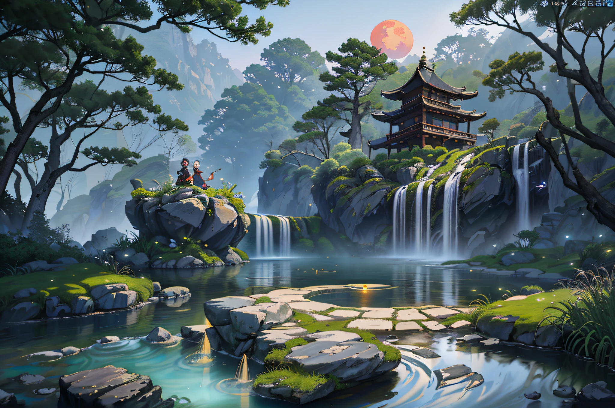 Ancient Chinese architecture, cool colors, dark night, moon, garden, bamboo, lake, stone bridge, rockery, arch, corner, tree, running water, landscape, outdoor, waterfall, grass, rock, dense fog, (Illustration: 1.0) , Epic Composition, HD Details, Masterpiece, Best Quality, (Very Detailed CG Unity 8k Wallpapers) --v 6