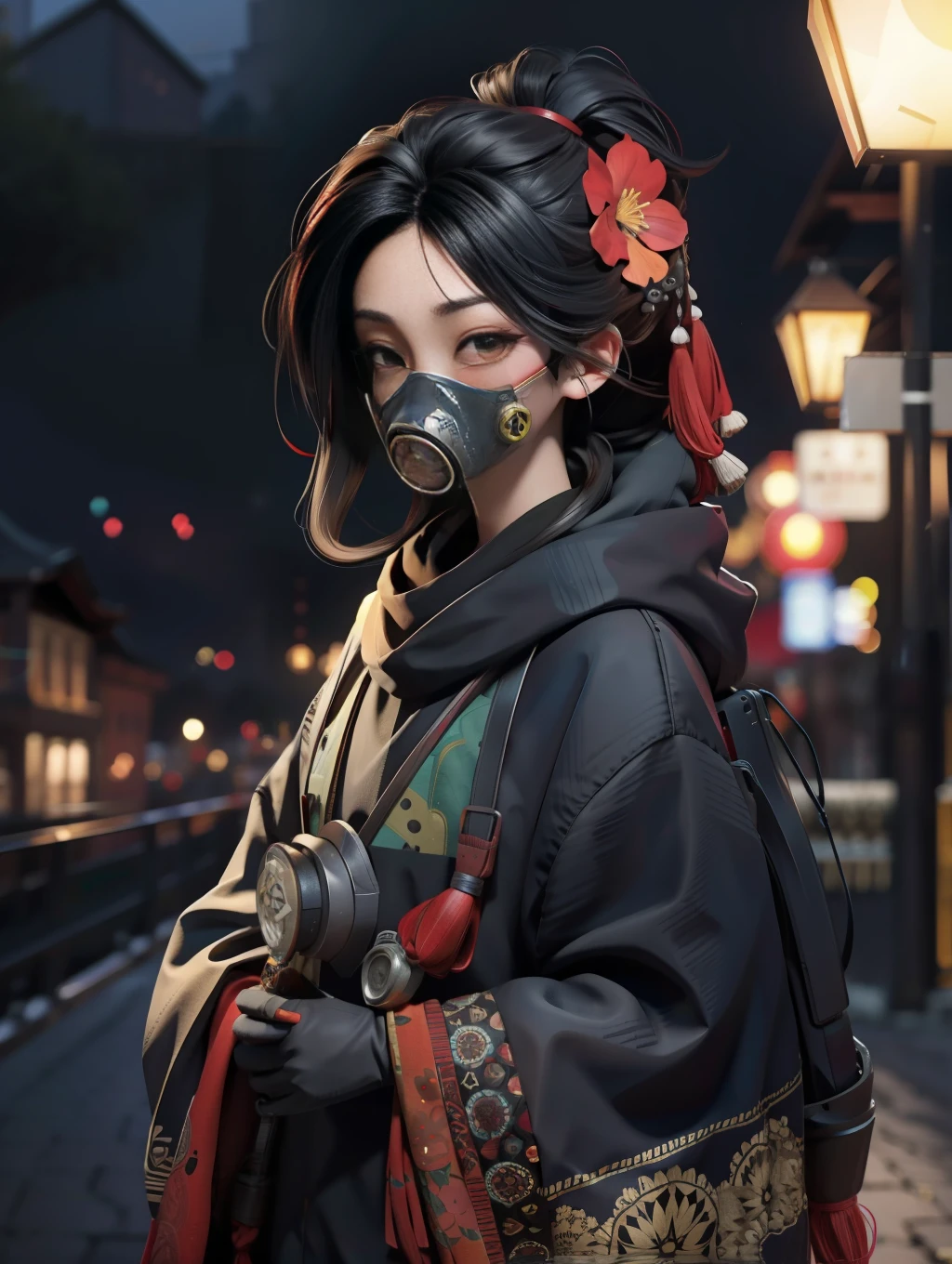 (Official Art, Unity 8k wallpaper, super detailed, high quality, best quality),
(Zen Entanglement, Mandala, Tangled, Entanglement: 0.6), (Red, Black), Flat Color, Limited Color Palette, Low Contrast, (1 Girl: 1.2), Solo, Seraf, Long Straight Black Hair, Garlic Flower, (Gloomy), (Gas Mask: 1.3),