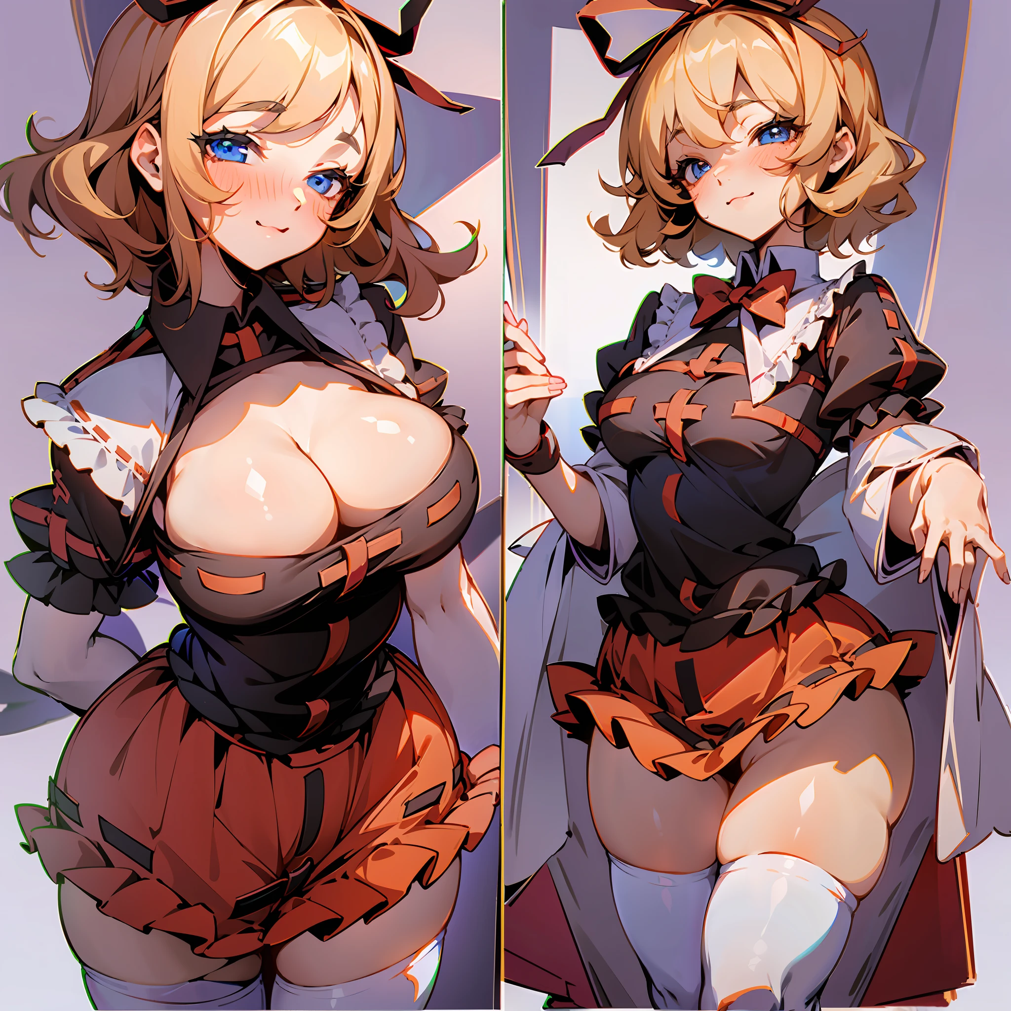 Masterpiece: 1.6, best quality: 1.4, live image: 1.2, intricate details: 1.2, charturnerv2: 1.2, 1lady full body character change, Appearance: young: 1.25, thin: 1.3, blue eyes, thick eyelashes,large breasts, detailed eyes, quality eyes, Clothing: red skirt, bubble skirt, black shirt Accessories: red bow, red ribbon, Hair: blonde hair, short hair, semi curly hair, natural, shiny skin, (single background, white background:1.8), transparent Background, multiple views, multiple views of the same character in the same outfit: 1.3., character sheet: 1.2, multiple facial expressions: 1.3, seductive smile, sexy, shaded face, white legwear, white thighhighs, blush, nose blush:1.2, wide hips, superb, thighs,