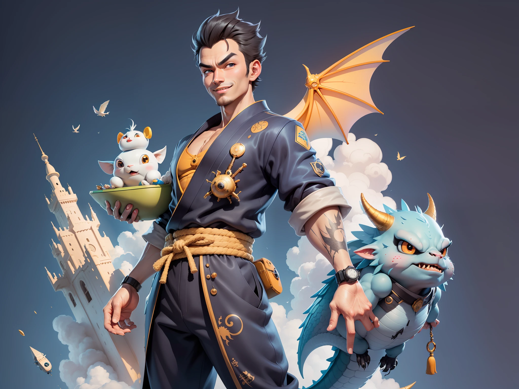 (Masterpiece), (Extreme Quality), (Super Meticulous), (Full Body: 1.2), Super Young Man, Oriental Face, Japanese Kimono, Background, Japanese Ascension Dragon, Cloud, Sky, Dragon, Tongue, Sky, Building, City, Blue Eyes, Open Mouth, Teeth, Horn, Glow, TV Anchor, Bust Portrait Illustration, Alone, Black Suit, Blue Tie, Slightly Chubby Face, Very Clean Face, No Beard, Black Super Short Hair, Black Eyes, Confident Smile, 3c Computer Sub-Products, iPad, iPhone, Digital painting, 3D character design by Akira Toriyama and Mark Claireden and Pixar and Hayao Miyazaki, the illustrations are HD illustrations in 4K resolution with very detailed facial features and cartoon-style visuals.