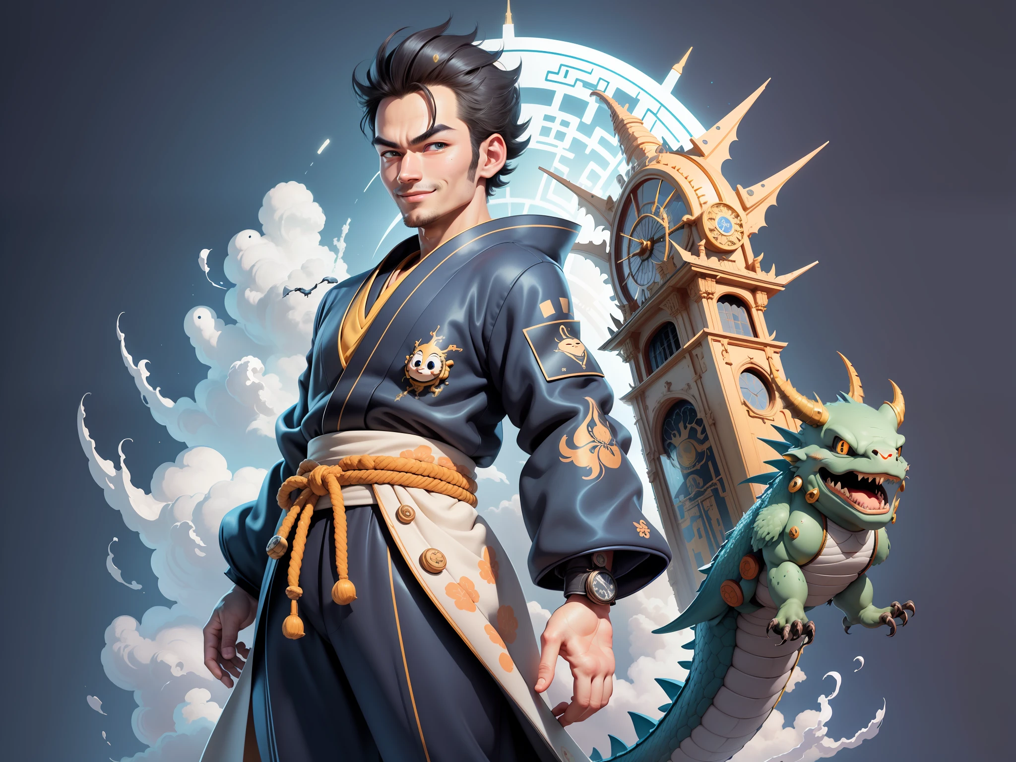 (Masterpiece), (Extreme Quality), (Super Meticulous), (Full Body: 1.2), Super Young Man, Oriental Face, Japanese Kimono, Background, Japanese Ascension Dragon, Cloud, Sky, Dragon, Tongue, Sky, Building, City, Blue Eyes, Open Mouth, Teeth, Horn, Glow, TV Anchor, Bust Portrait Illustration, Alone, Black Suit, Blue Tie, Slightly Chubby Face, Very Clean Face, No Beard, Black Super Short Hair, Black Eyes, Confident Smile, 3c Computer Sub-Products, iPad, iPhone, Digital painting, 3D character design by Akira Toriyama and Mark Claireden and Pixar and Hayao Miyazaki, the illustrations are HD illustrations in 4K resolution with very detailed facial features and cartoon-style visuals.