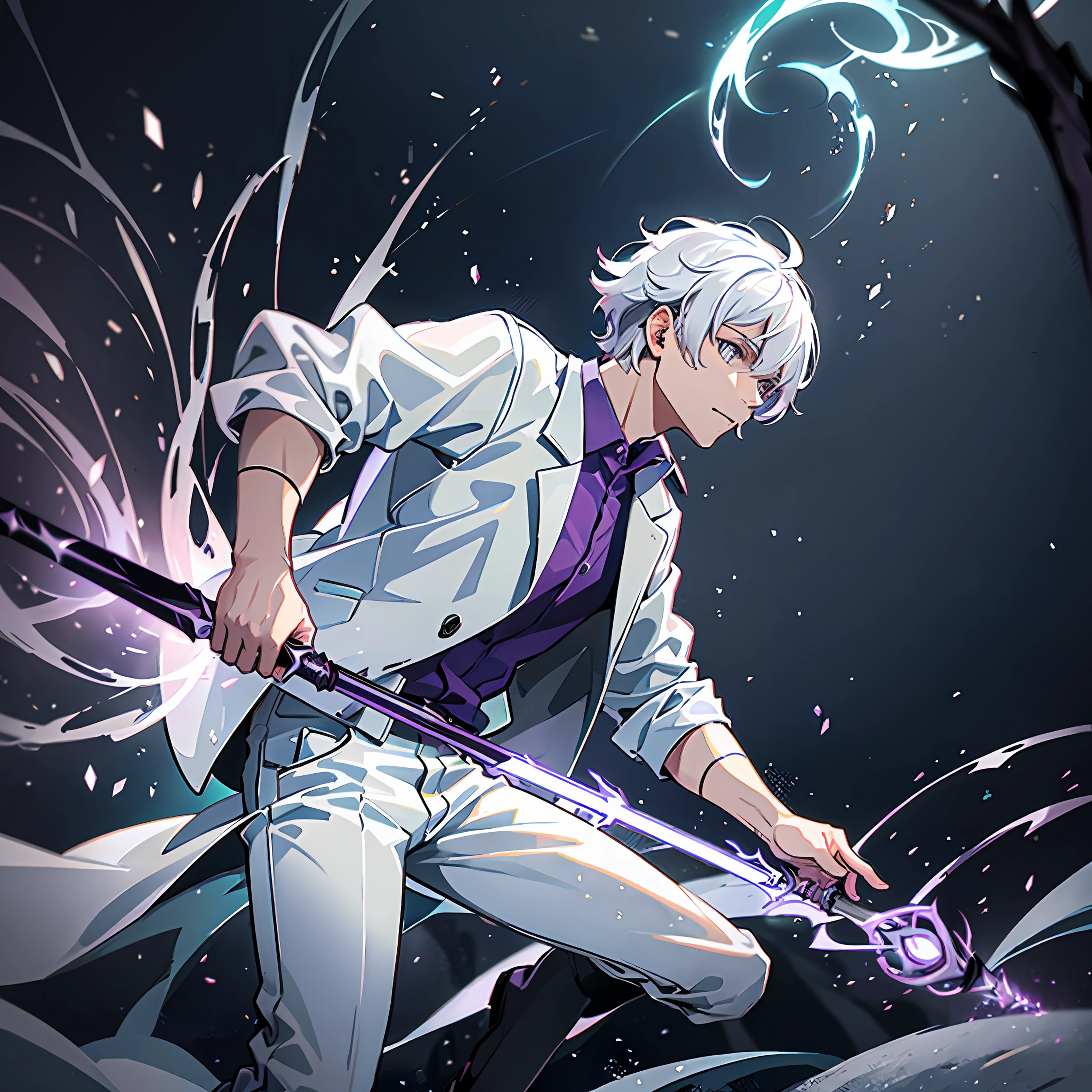 An adult man, wearing a white jacket and pants, short white hair, in a swamp, fighting Space creature, with a divine staff, with purple element lighting,
