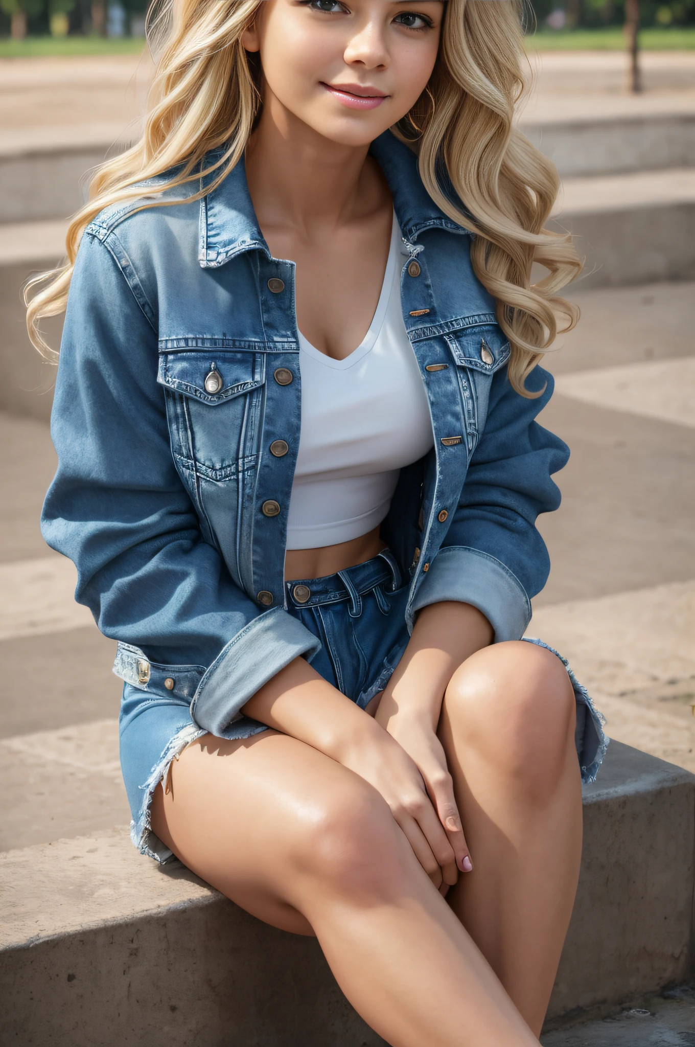 absurdres, RAW photo, highest quality, (masterpiece: 1.3), high detail RAW color photo, professional photo, extremely detailed CG 8k wallpaper unit, photo-realistic, realistic, RAW photo, masterpiece, best quality, highres,
1girl, 19 YEARS OLD, white, blonde hair, wavy, Average length, random hairstyle, beautiful body, thin legs, perfect gorgeous face, beautiful light brown realistic eyes, fair skin, detailed skin texture, very small natural breasts. Smiling. She looks amazing. Sitting with her legs crossed. (Denim jacket, simple design). Ibirapuera Park, São Paulo.