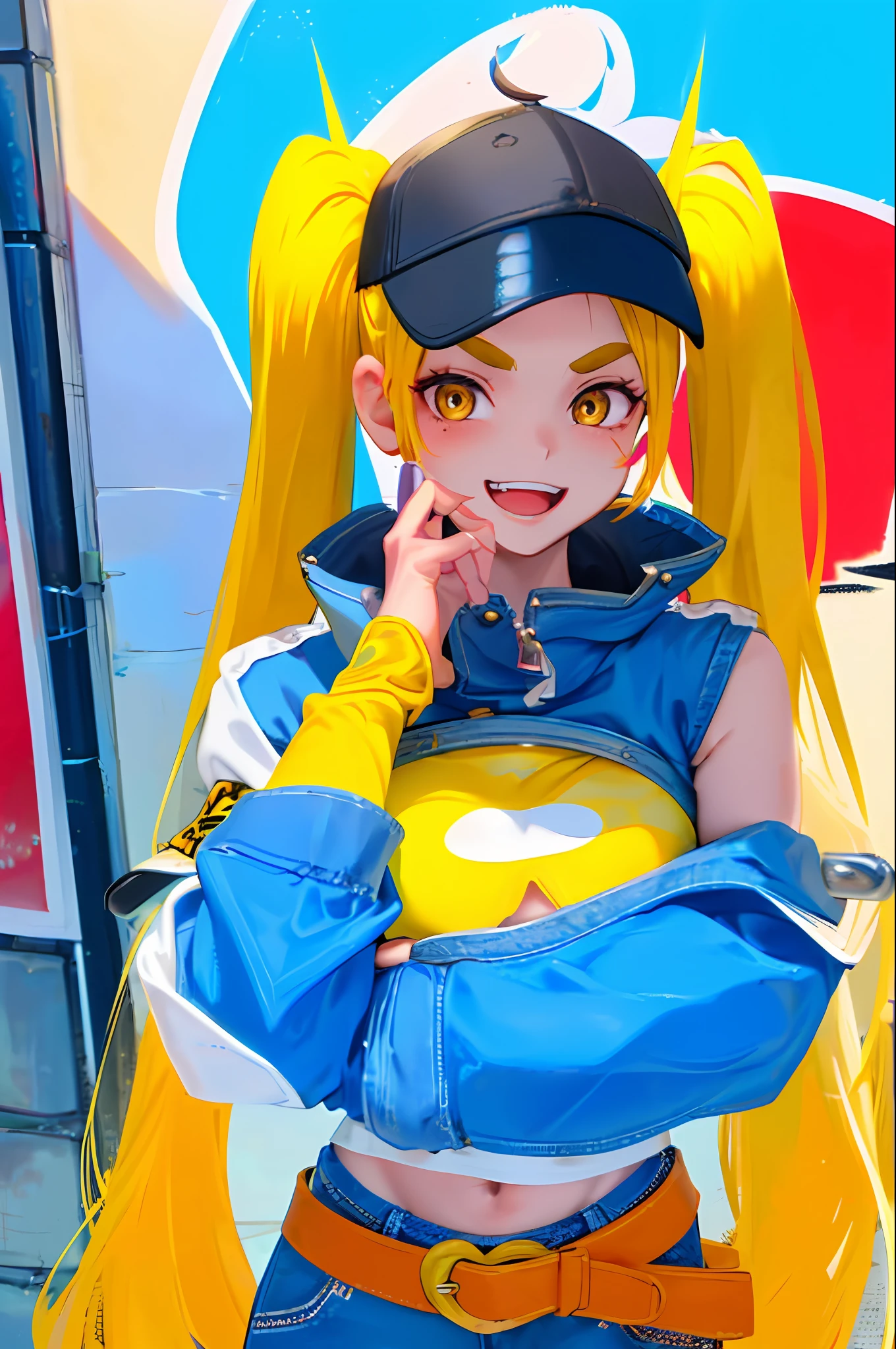 Original Character, Volumetric Lighting, Best Shadows, Shallow Depth of Field, Portrait Of Stunningly Beautiful Girl, Petite, Delicate Beautiful Attractive Face With Alluring Yellow Eyes, Messy Painted Face, Sharp Eyebrows, Broadly Smiling, Open Mouth, Fangs Out, Lovely Medium Breasts, Layered Long Twintail Blond Hair, Blush Eyeshadow, Thick Eyelashes, Applejack Hat, Oversized Pop Jacket, Mini Underboob Tee, Open Navel, Slim Waist, Denim Jeans Pants, With Buckle Belt, In The Graffiti Alley, Waste Container, Outside Stairs, Outdoor Unit, Holding Spray Paint Can, Standing, (Highest Quality, Amazing Details:1.25), (Solo:1.3), Brilliant Colorful Paintings