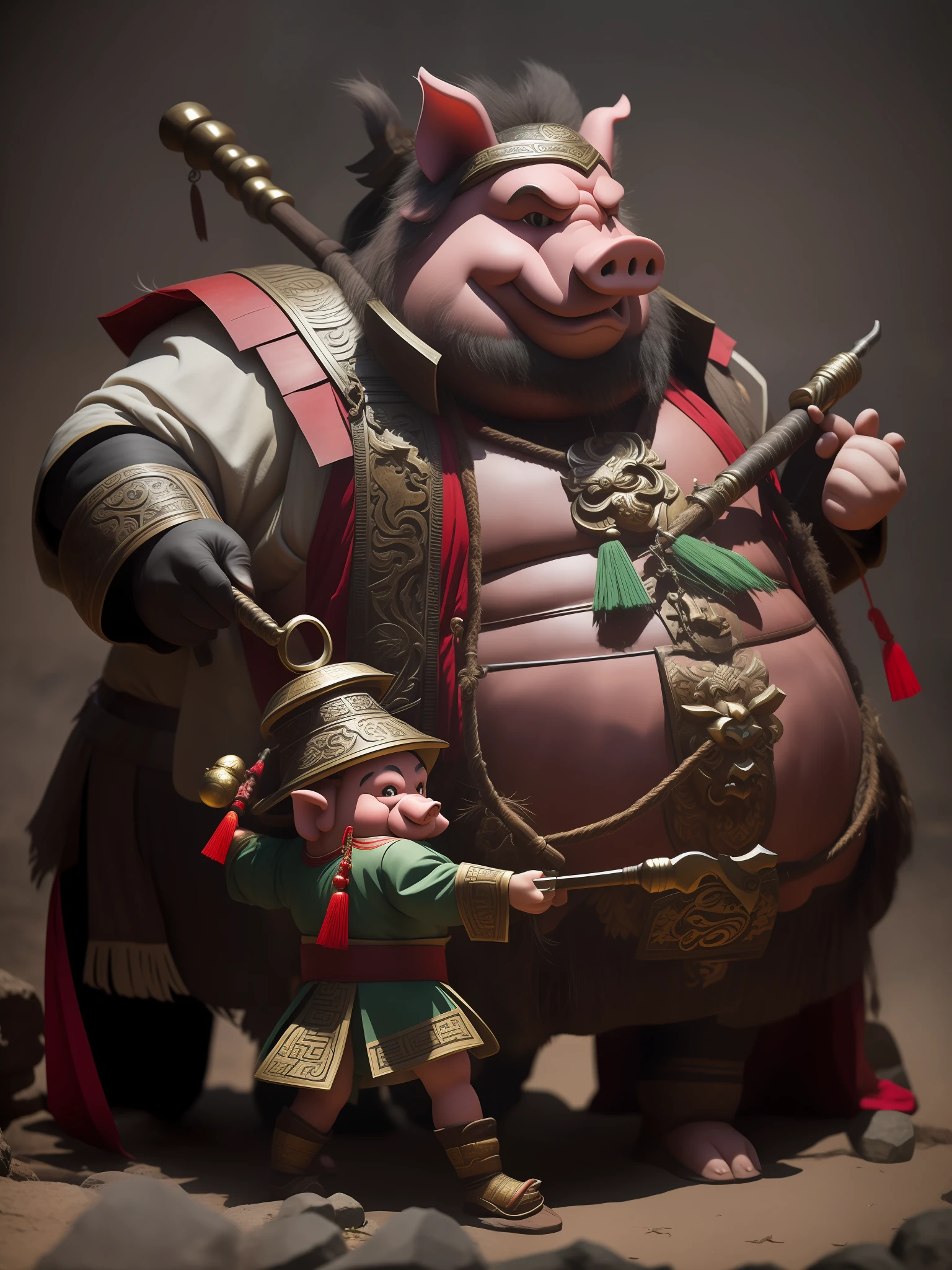 Zhu Bajie, an anthropomorphic pig, a marshal of the canopy in Chinese mythology, a close-up of a cartoon pig with a big belly, an anthropomorphic warrior anthropomorphic pig, wearing fairy costumes, anthropomorphic pig heads, clothing Chinese traditional cultural clothing, normal hands, no extra character animals, a weapon nine-toothed nail rake, remove the character holding the weapon, do not have extra character elements