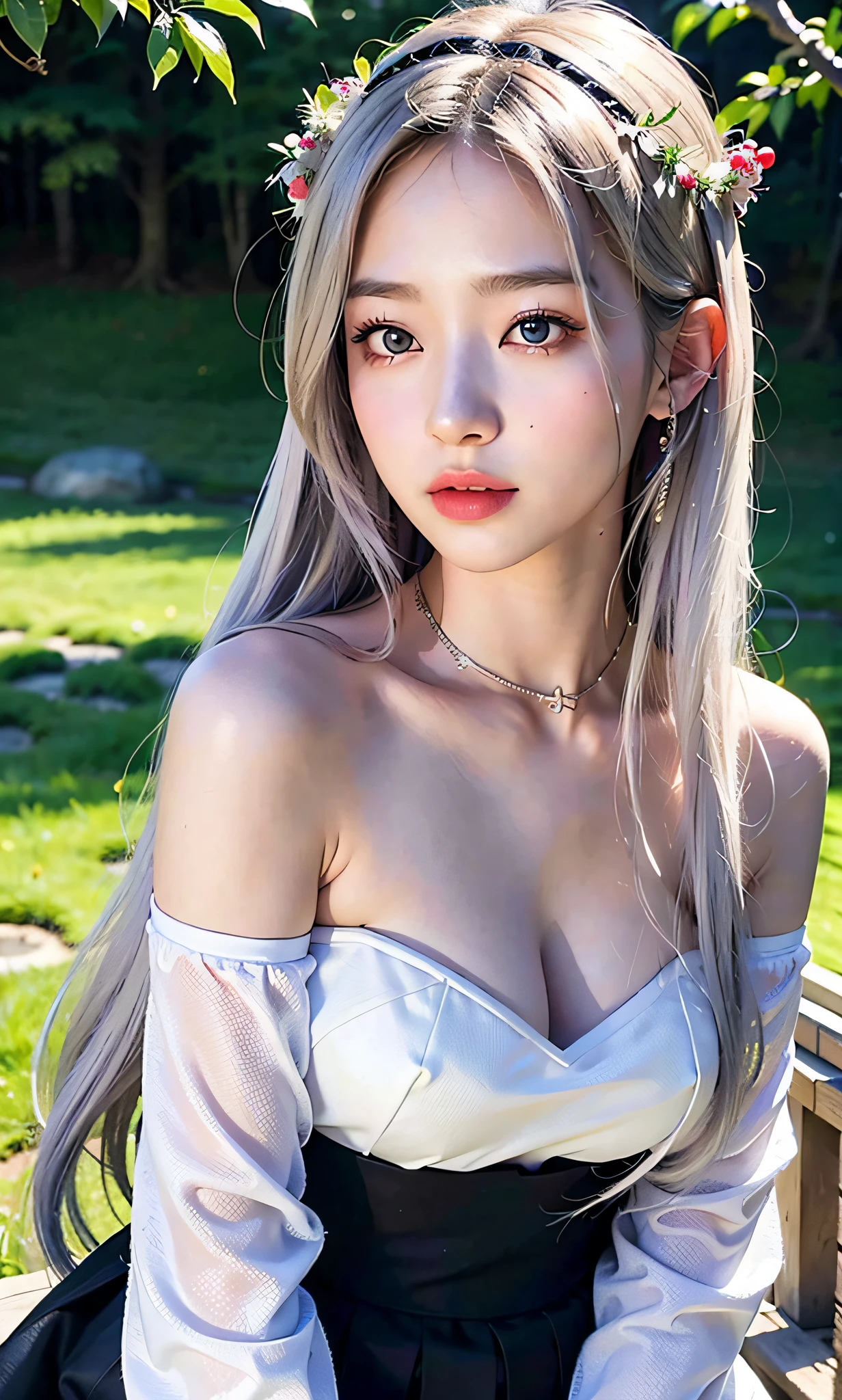 (8k, RAW photo, best quality, masterpiece:1.2), (realistic, photo-realistic:1.37),1girl, (Kpop idol), (aegyo sal:1), cute, japanese garden, professional lighting, photon mapping, radiosity, physically-based rendering, cherry tree, sakura, white sleeves, long hair, headdress, blue eyes, white hair,arms behind body