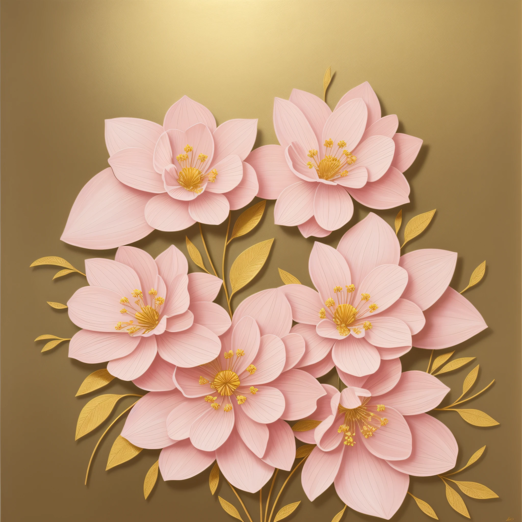 painting of two pink flowers with gold leaves on a white background, elegant and refined painting, gold flaked flowers, gold and pink, elegant flowers, pink - petals, pink flowers, large opaque blossoms, beautiful large flowers, pinkand white and gold, incredibly beautiful, high detailed), by Paul Davis, exquisite fine art, by Liang Kai, gold flowers --auto --s2