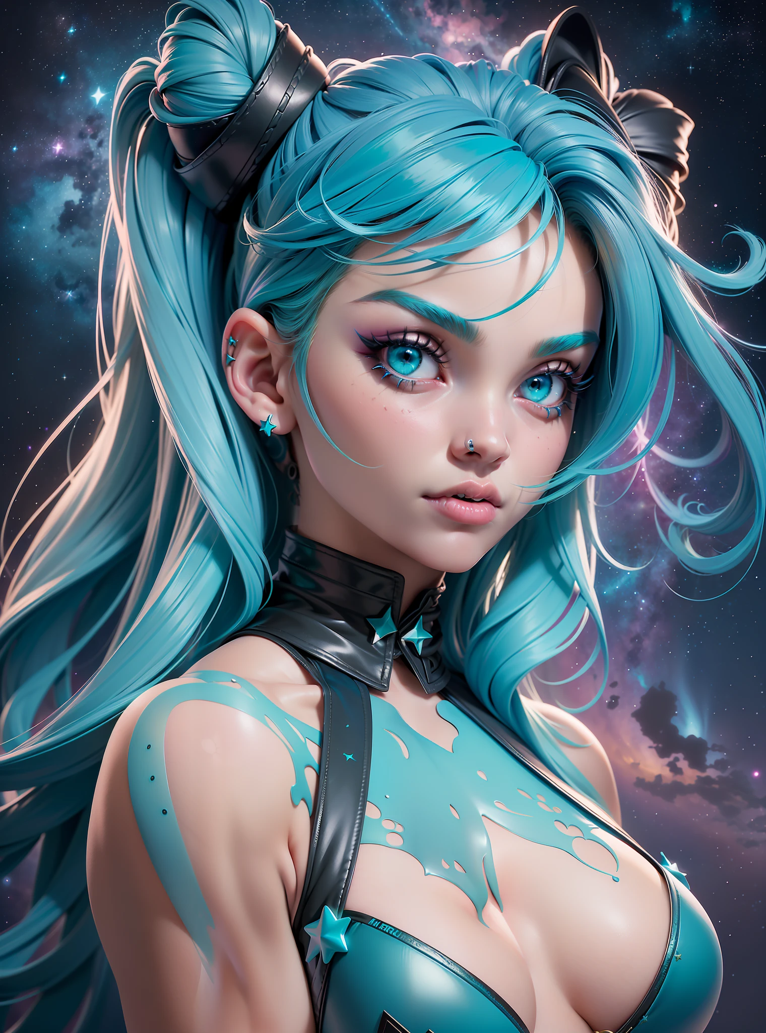 ((Best Quality)), ((Masterpiece)), ((Realistic)) and ultra-detailed photography of a girl with goth colors. She has ((turquoise hair)), wears a (small black micro-thong:star motif ) , ((beautiful and aesthetic)), muscular fit body abs, sexy, under-boobs, hot, (star filled sky background) (clear background:1.35), (particles ,firefly, blue glowing):1.3,