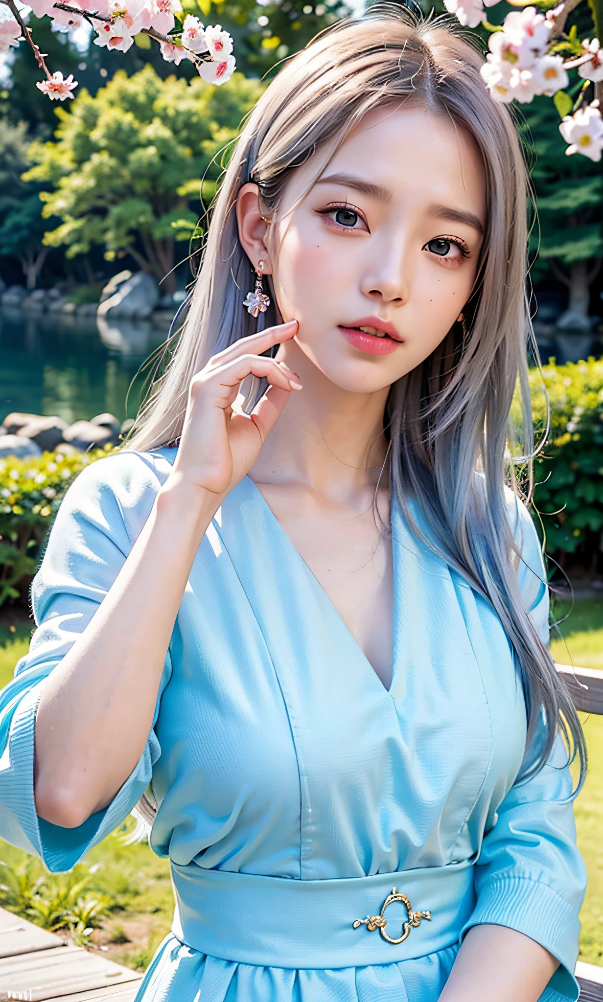 (8k, RAW photo, best quality, masterpiece:1.2), (realistic, photo-realistic:1.37),1girl, (Kpop idol), (aegyo sal:1), cute, japanese garden, professional lighting, photon mapping, radiosity, physically-based rendering, cherry tree, sakura, white sleeves, long hair, headdress, blue eyes, white hair,arms behind body