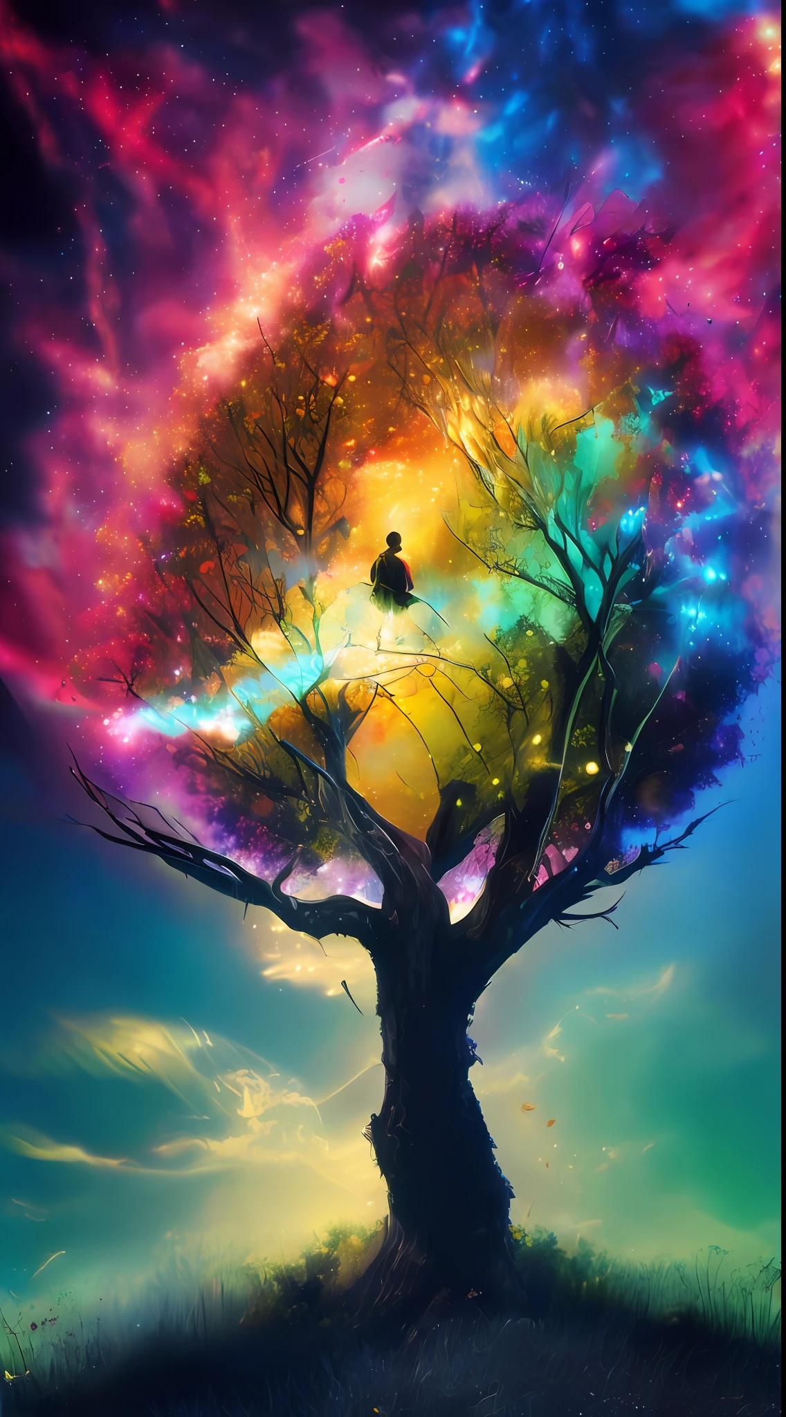 Incredible and spectacular scene, a "((high quality)), (detailed)), ((fantasy)), illustration, perspective (45 degree tilt angle), theme (enchanted forest style), scene elements (handsome boy, beautiful girl), picture quality (3D rendering effect), exquisite details, beautiful lights "emerge from glowing clouds, fractal nebula lines, cosmic entities, celestial bodies, universes, vibrant and vivid, swirling, rotating, impractical, high contrast, co-metabolic, magical, mysterious, mysterious, surreal, Oversaturated, colorful