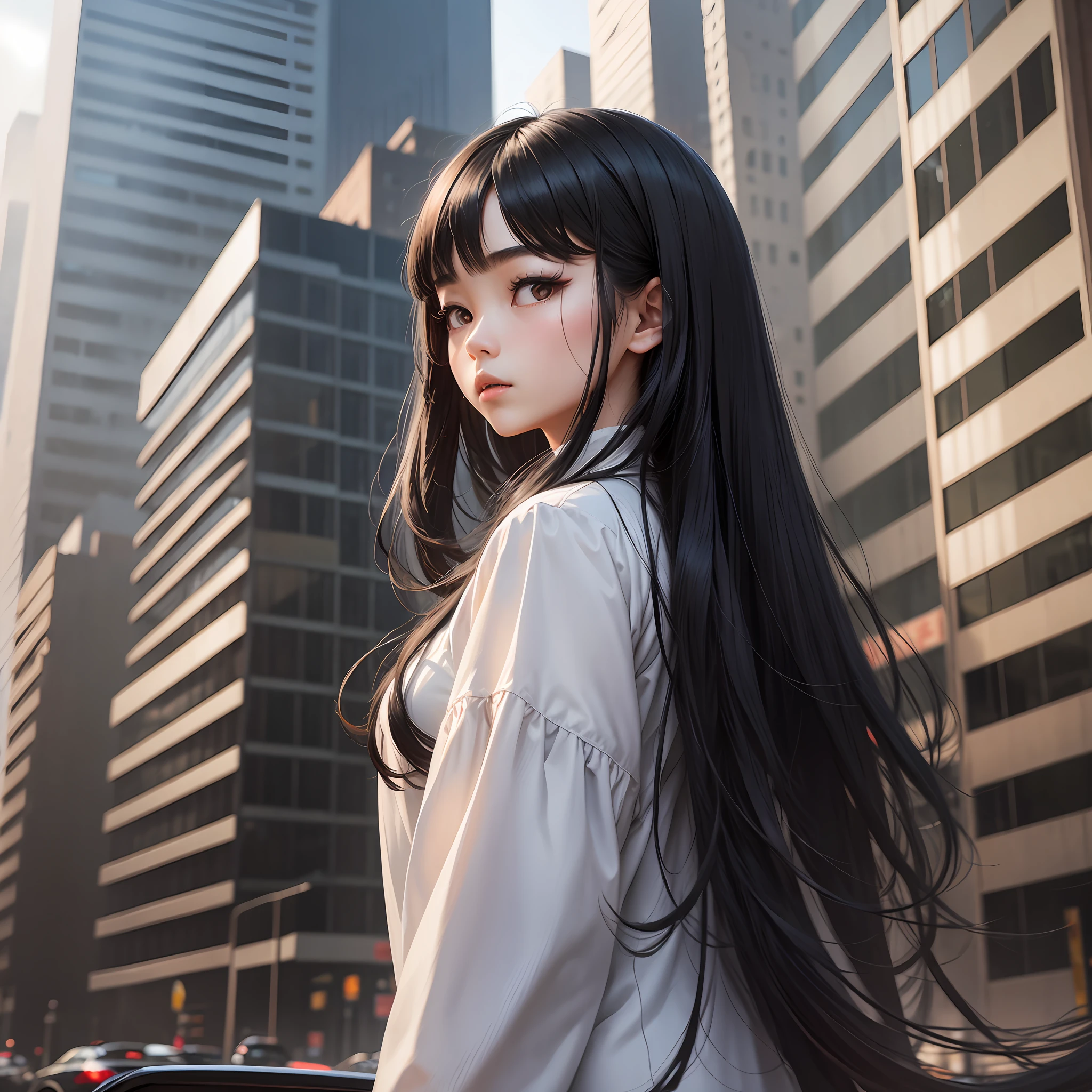 Through the grim architectural appearance of the high-rise buildings, we can see a black-haired Chinese girl standing tall on the busy street, her long black hair gently fluctuating in the breeze. --auto --s2