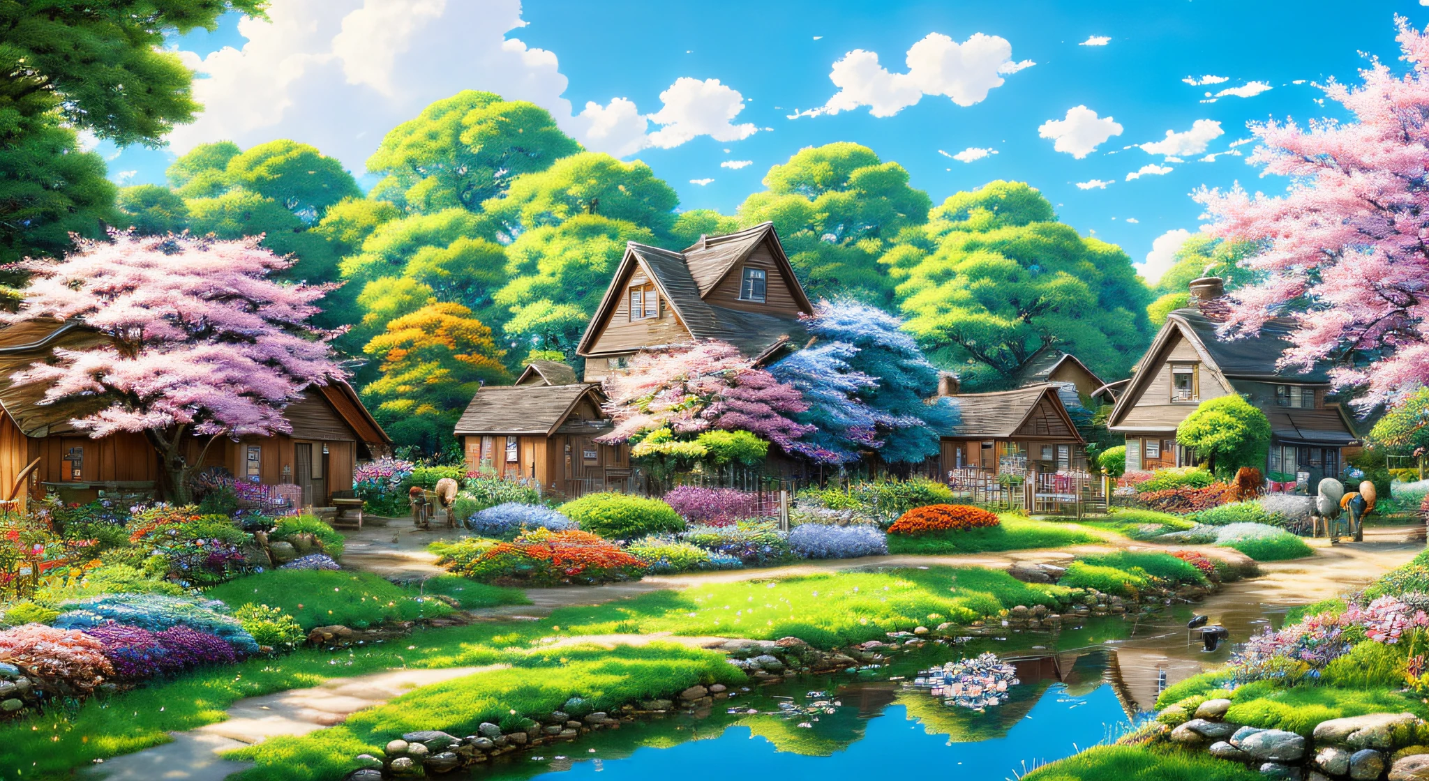 Masterpiece, best quality, official art, extremely detailed CG unity 8k wallpaper, outdoors, animals, spring \(seasons\), cloudy sky, studio ghibli, garden, village,