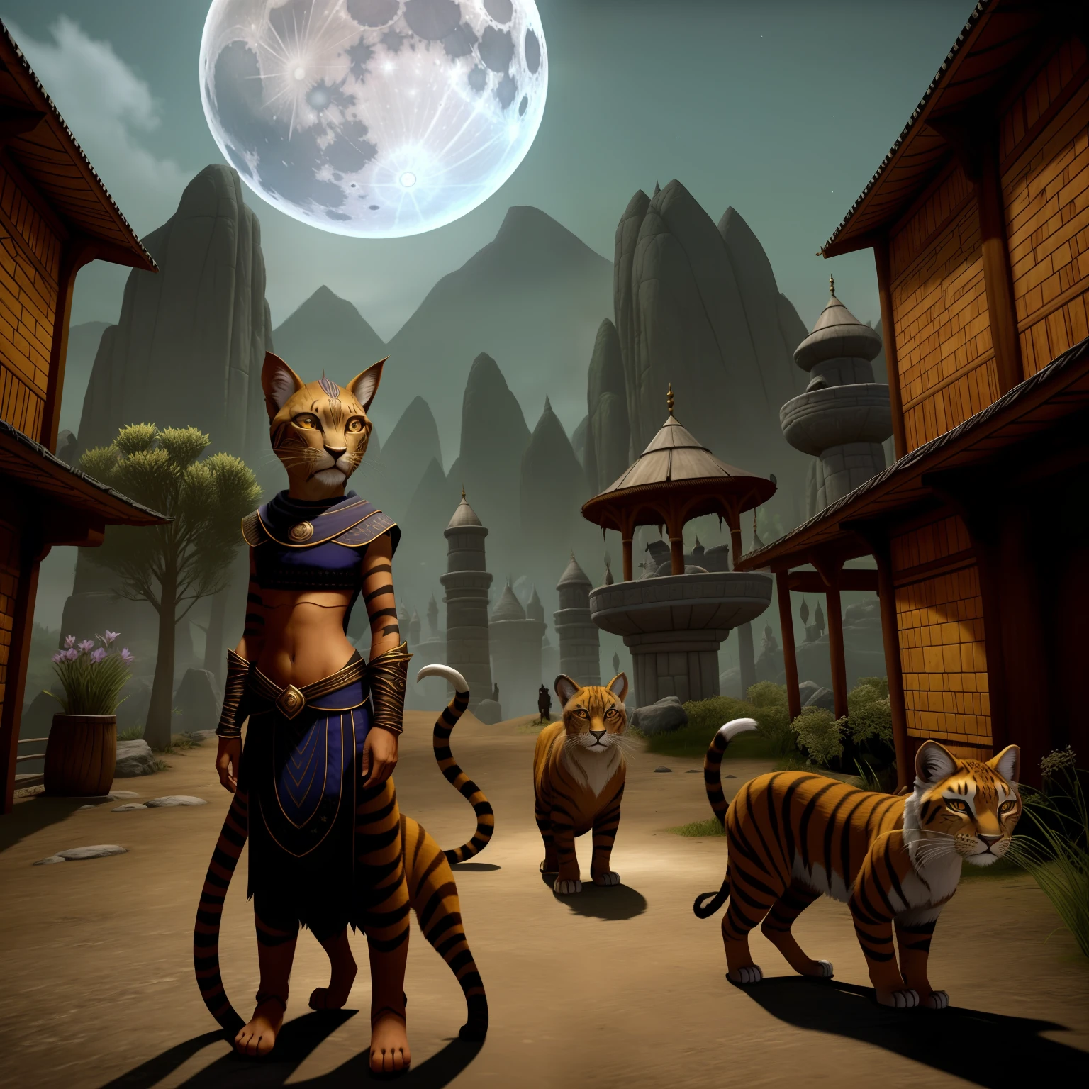 The Khajiit have distinct characteristics that set them apart from other races. They have a cat-like appearance, with slender, hair-covered bodies. Their physical characteristics vary according to different subspecies, which are known as "forms". These forms range from the appearance of a domestic cat to more exotic forms such as lions and tigers.
One of the most striking features of the Khajiit is the ability to take on different lunar forms depending on the phase of the moon under which they were born. This means that Khajiit born under a crescent moon will have a different form than those born under a waning moon. These different lunar forms are known as "castes" and vary in size, appearance, and abilities.
The Khajiit are known for their natural abilities such as agility, dexterity and enhanced night vision, which makes them excellent hunters and thieves. In addition, they have a natural affinity for magic, especially magic related to illusion and stealth.
Culturally, the Khajiit are organized into clans and tribes, each with its own social structure and traditions. They have a complex society, with a mix of tribal hierarchy and religious leadership. The Khajiit are known for their devotion to the moon gods and their heavenly matriarch, known as "The Great Mother."