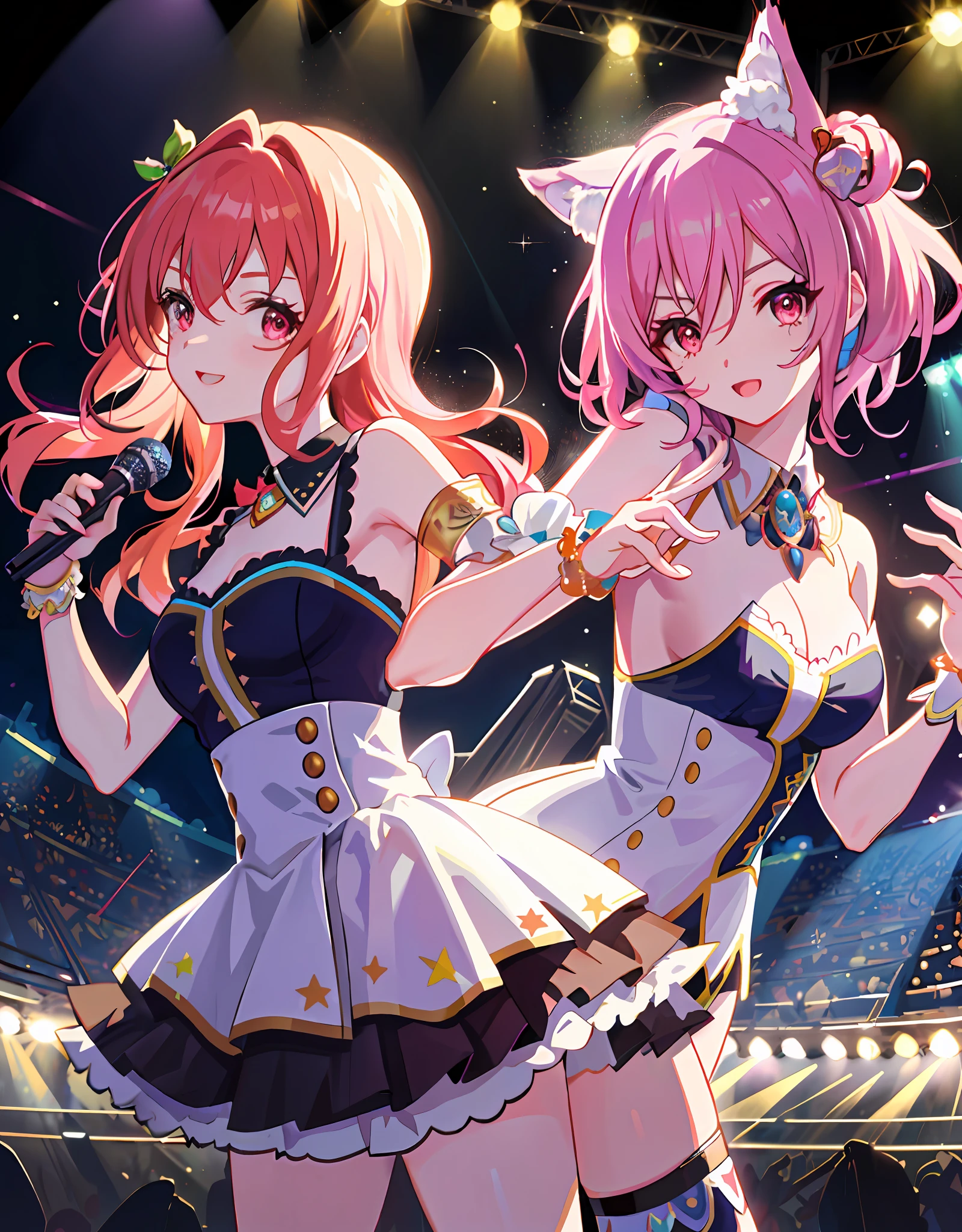 Masterpiece, Divine Drawing, Trended Style, (((Perfect Human Hand, 5 Fingers))), Perfect Human Body, Dynamic Angle, Upper Body, 2 Girls, Smile, Wolf Ears, Wolf Tail, Pink Eyes, Hair Between Eyes, (((Wink)))), D Cup, , Striped Hair, (Colorful hair color: 1)))), Variegated hairstyle: 1, Twin tails, Ultra-detailed gradient hair, idol costumes, professional designers, ruffled dresses, love live, The Idolmaster, jewels, backstage, best stage, climax: fessional stage, (holding the microphone in your left hand and singing emotionally, overflowing emotions, best smile))), singer, vocalist: 1, idol, diva, professional stage, professional lighting, live lighting, averting the gaze, fan service, love for the fans, (((satellite photo seen from the audience))), (((panchira, cute panties))))