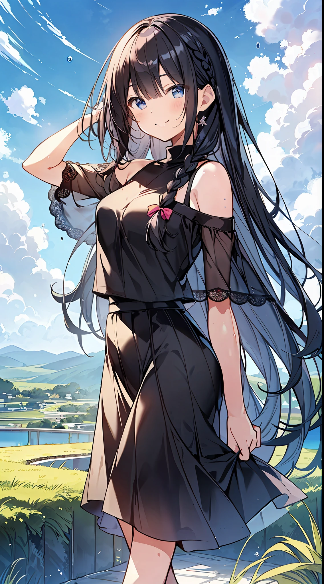 Top Quality, Masterpiece, Ultra High Definition, 8K, Summer Sky, Early Summer, (Maxi Skirt, Black Sheer Knit, Sneakers), Shojo Manga Style Loli, One, Soft Line Art, Digital Enhancement, Shoujo Manga Touch, Shojo Manga Core, Flowing Fabric, Close Up, (Hair length and short braid to the shoulders)), Wet hair, Staring us from the front, Soft drawing, Beautiful black hair, Clear eyes, (((teasing smile)), ultra-detailed digital anime art, clear face depiction, ultra-detailed shoujo manga character art, ultra-detailed manga style, top quality colors, hand gestures, landscape with nature, looking up at the sky, angle that can see up to your feet