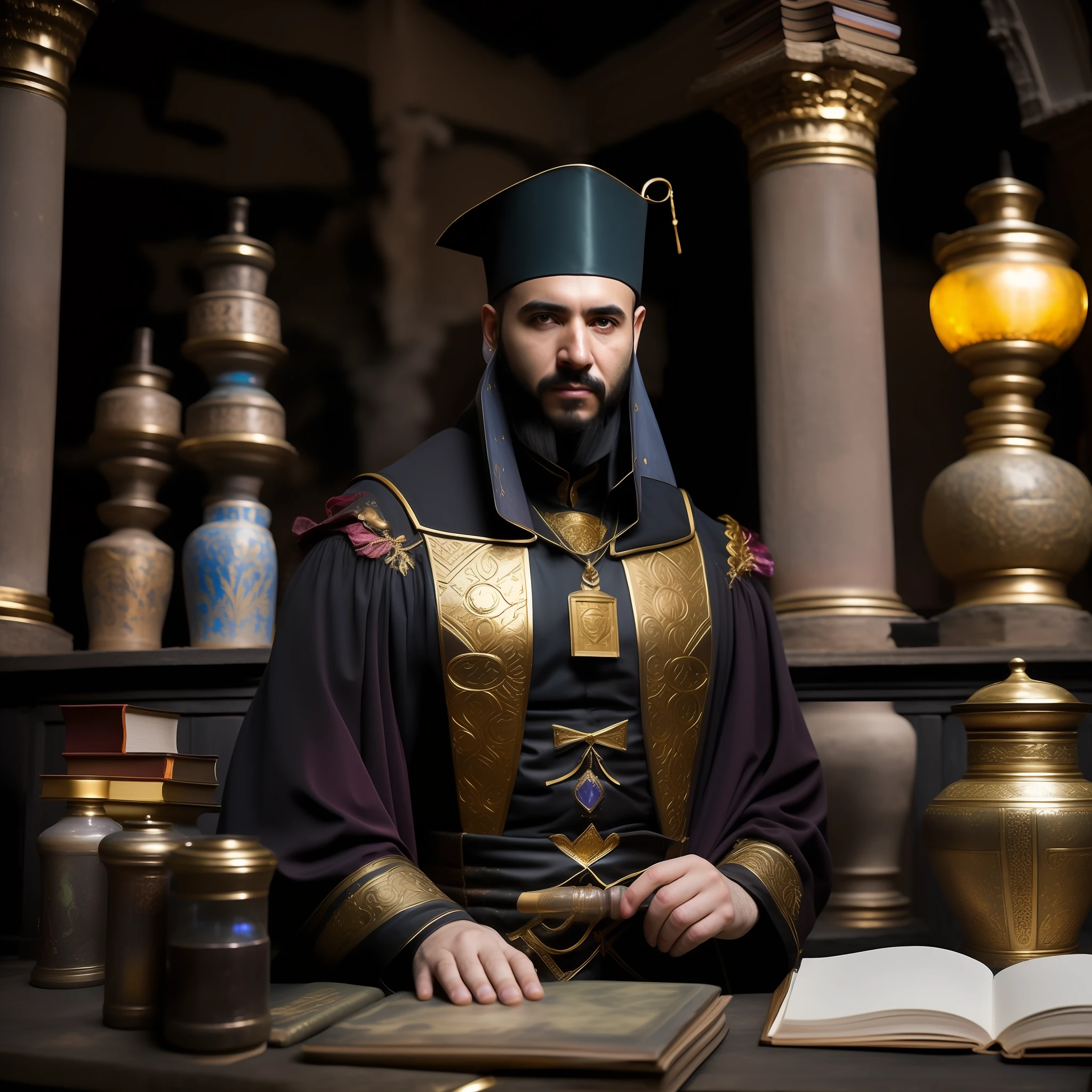 ((masterpiece 1.2)), high details, male alchemist, alchemist's costume with gold details, front look, black hair and beard, set in abandoned temple, jars with colored liquids, various designs on tables, books, smoke in the background, 50mm lens, (4K), cinema, dramatic lighting, deep shadows, (intense HDR), Canon, light reflections, texturing