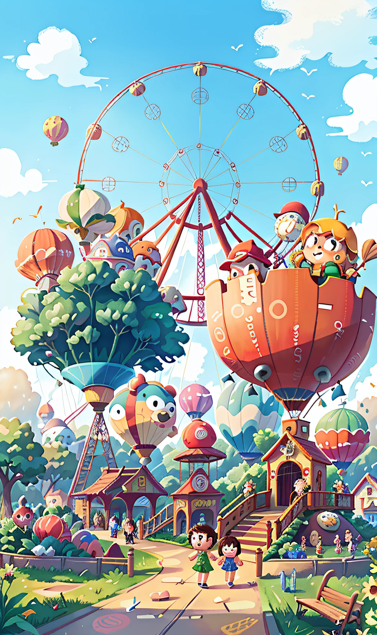 Ferris wheel, roller coaster, carousel, lots of air balloons, playground, seaside, greenery, people come and go, have fun