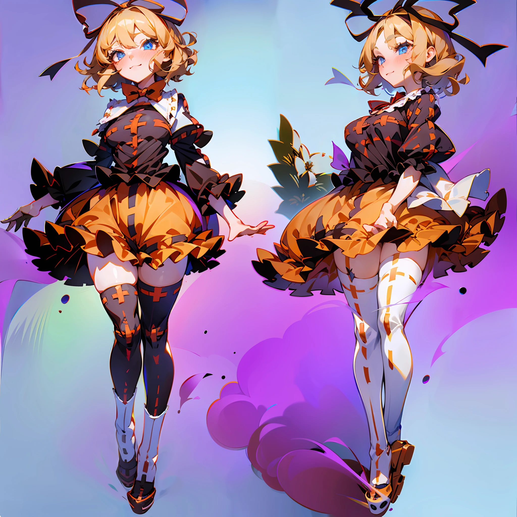 Masterpiece: 1.6, best quality: 1.4, live image: 1.2, intricate details: 1.2, charturnerv2: 1.2, 1lady full body character change, Appearance: young: 1.25, thin: 1.3, blue eyes, thick eyelashes,large breasts, detailed eyes, quality eyes, Clothing: red skirt, bubble skirt, black shirt Accessories: red bow, red ribbon, Hair: blonde hair, short hair, semi curly hair, natural, shiny skin, (single background, white background:1.8), transparent Background, multiple views, multiple views of the same character in the same outfit: 1.3., character sheet: 1.2, multiple facial expressions: 1.3, seductive smile, sexy, shaded face, white legwear, white thighhighs, blush, nose blush:1.2, wide hips, superb, thighs,