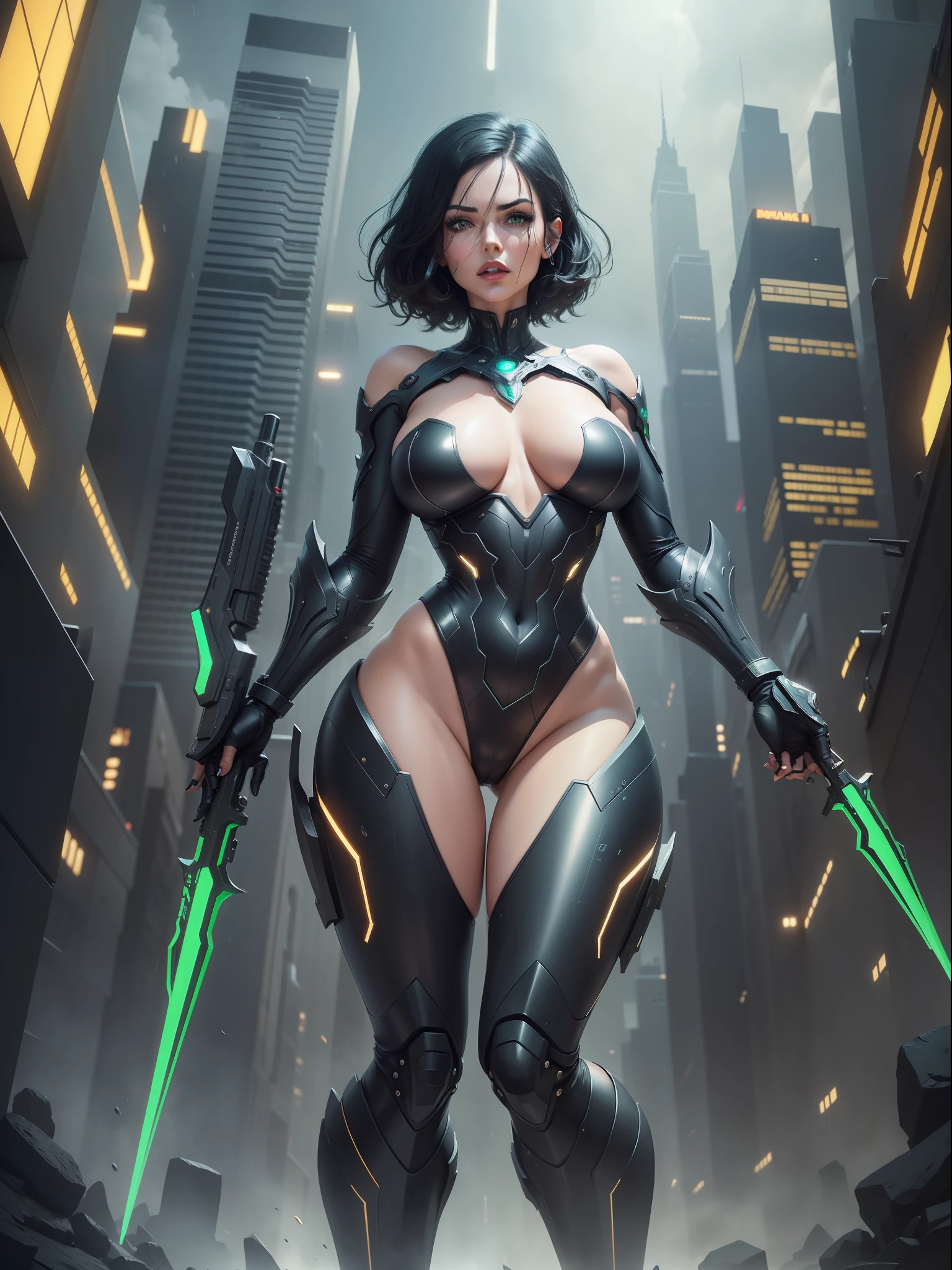 (((full body))),1woman,black wick suit with golden parts, extremely tight on body, extremely large breasts, very short blue hair well slick, green eyes, looking at the viewer, doing sexual poses standing, red lipstick on the mouth, holding futuristic weapons, various Dino robot saurs, futuristic city, is at night, raining hard, Hyperrealism, 16k, masterpiece, anatomically correct, award winning, ((best quality, high quality):1.5), high details, UHD