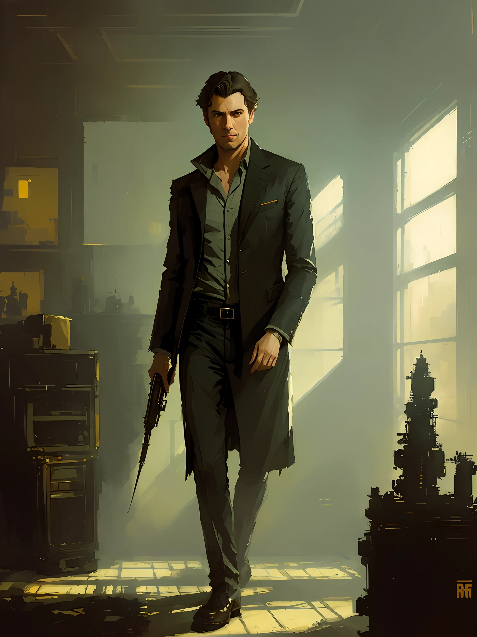 tall man, detective, brunette hair, tired, very yellow eyes, VHS effect, (poster: 1.2), wall poster, nostalgia, movie poster, (skin texture), intricate detail, fine detail, super detail, ray tracing, subsurface scattering, diffuse soft light, shallow depth of field, (Oliver Wetter) Professional majestic oil painting by Ed Blinkey, Atey Ghailan, Studio Ghibli, Jeremy Mann, Greg Manchess, Antonio Moro by (Greg Rutkowski:1.4), bokeh