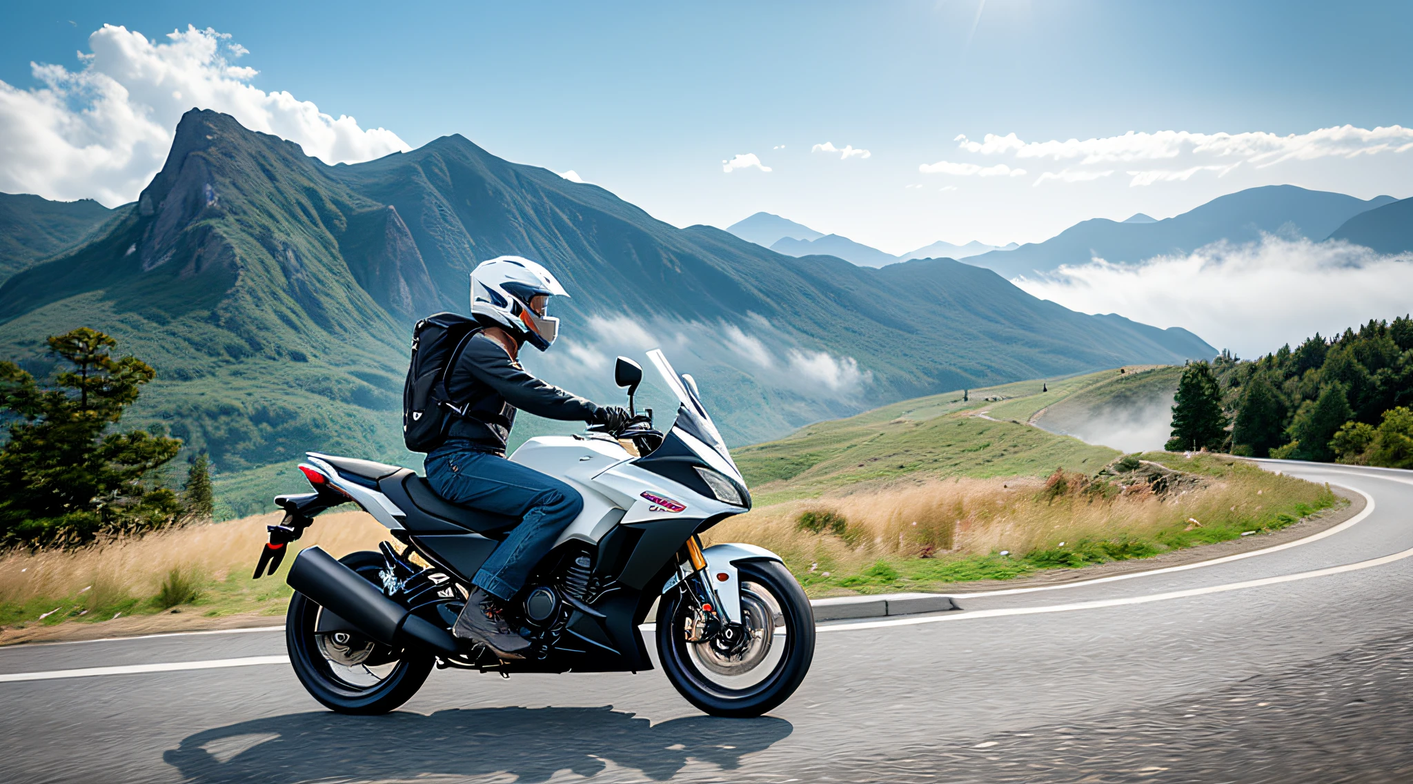 [Illustration storyboard] manga page, there are multiple panels on one page: a Chinese, white helmet, black T-shirt, grass green backpack, riding a blue-white motorcycle, driving on the road (medium view, motion blur), mountain view in the background, with mist or mist rolling over the trees (far view, wide-angle lens, increased depth of field). [Multi-angle continuous shooting] in Andreas Rocha style, motion picture film p30