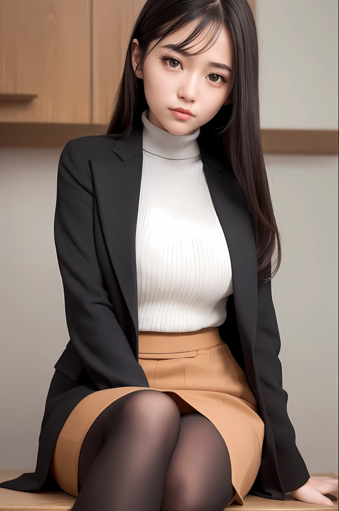 (RAW photos, highest quality), (Realistic, Photorealistic: 1.3), masterpiece, very delicate and beautiful, very elaborate, CG, Unity, 2K wallpapers, wonderful, fine, bright smile, very elaborate CG Unity 8K wallpapers, huge file size, ultra high definition, high resolution, absurdity, soft light, ((short layer hair: 1.3), black hair), One girl with beautiful details, fine fingers, very fine eyes and face, nose beautiful in detail, beautiful eyes in detail, long eyelashes, shining light on face, looking at the viewer, (with mouth slightly open: 1.2) 1 girl, cute, young, mature face, (full body: 1.3) realistic face, realistic body, slender beautiful thighs, (ulzzang-6500-v1. 1:0.8), Japan high school girl uniform, blazer outfit, high-waisted miniskirt, (sitting legs bent at the knees), (camel toe), (half), (black shiny pantyhose), (bending knees)