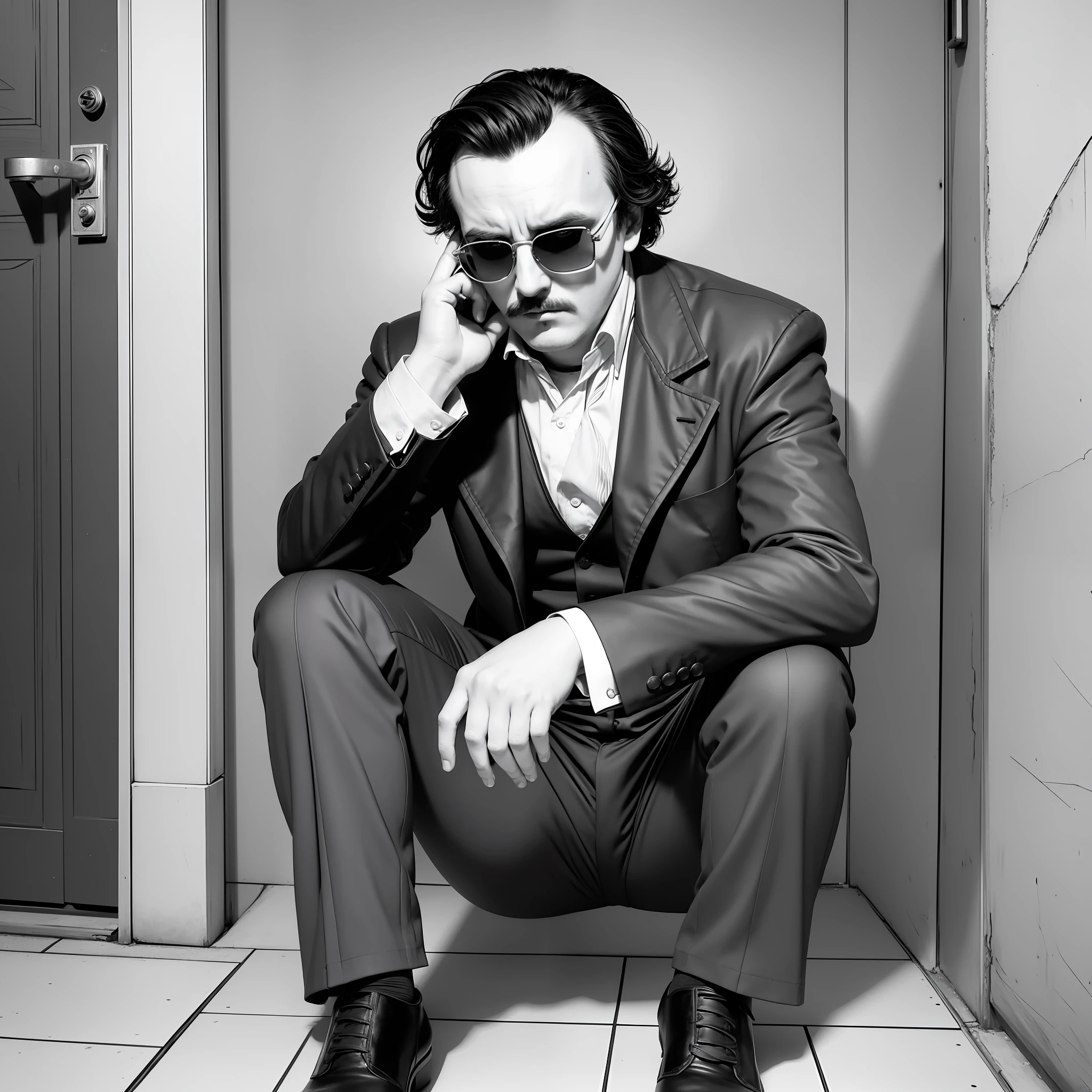 A man style edgar allan poe, wearing sunglasses, drunk, drunk, sitting in an alley, melancholy and very sad, noir style, art deco, soviet art, grayscale
