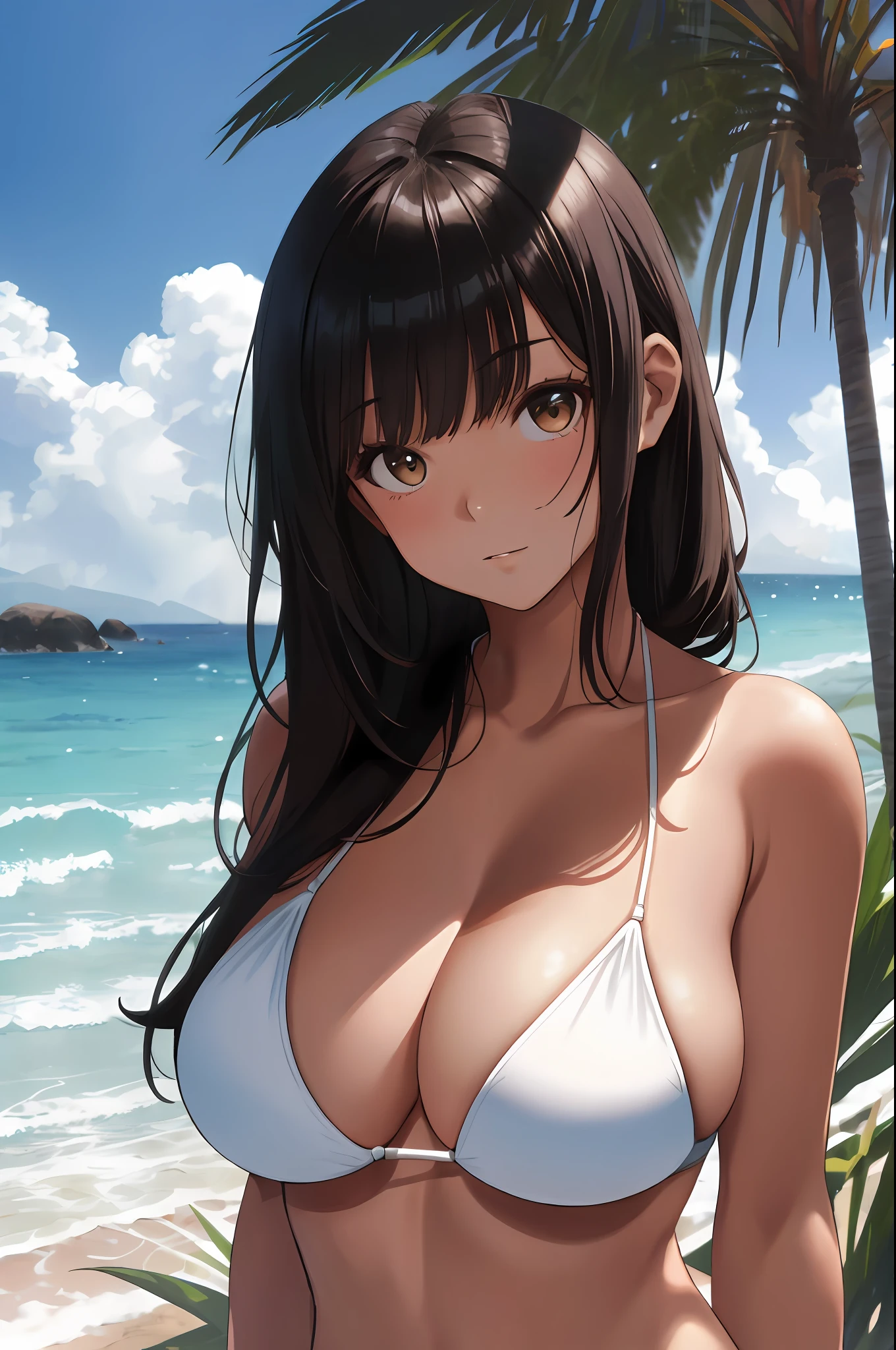 alone, big, big, lower breasts, perfect body, outstanding style, white micro bikini, emphasize breasts, cleavage, arms behind, brown eyes, gravure, chignon, black hair, bangs, beach, sand, beach