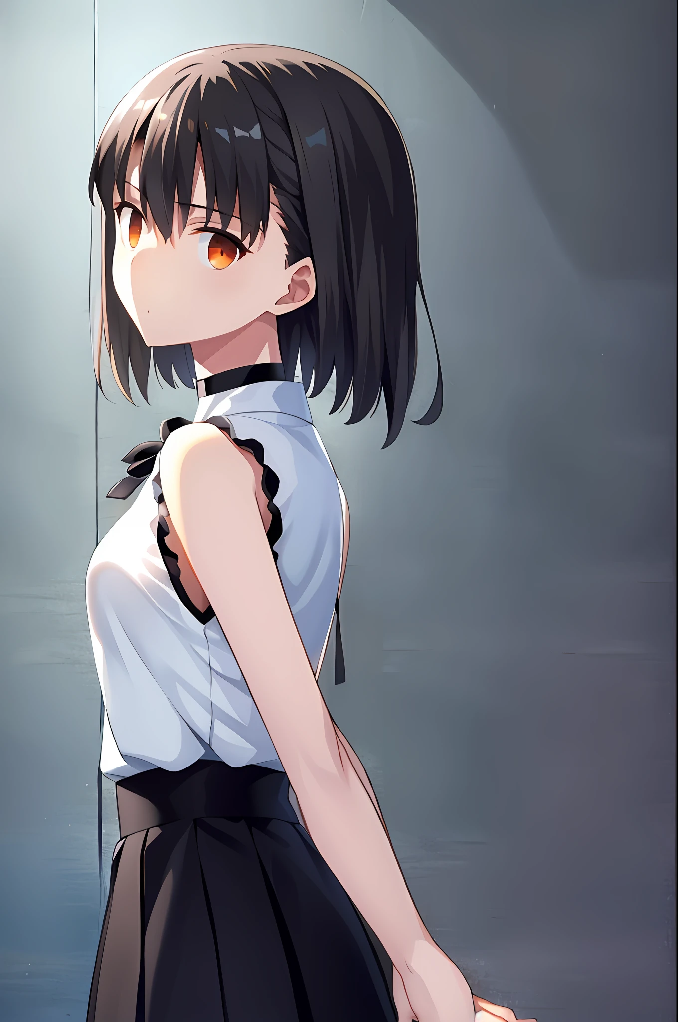 (best quality, high-res, official art, ultra resolution, ufotable screen cap), blur, from side, 1girl, sleeveless white button shirt, black skirt, black choker, cute, (black reverse bob cut, short hair:1), ((orange eyes)), looking at viewer, detailed hands, dark studio, rim lighting, two tone lighting, dimly lit, low key, zeronis, blurred, blur, beautiful, perfection, trending on ArtStation