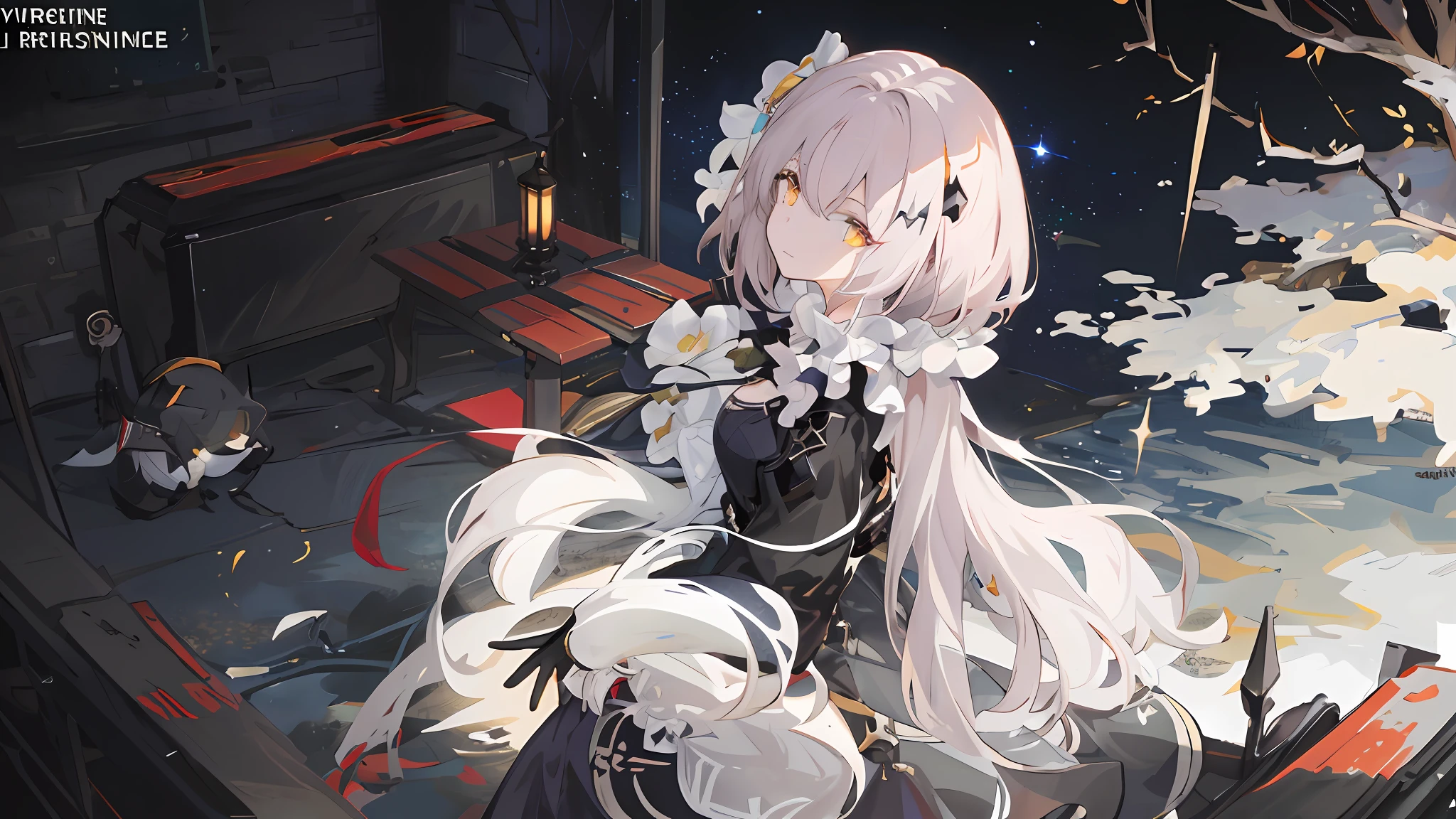 Anime girl long hair, from the night of the ark, fine details. (1girl:1.5+female_character:0.8+sit:1.2+rubble+Arknight, Girls' Frontline: 1.2, highly detailed), (Arknight: 1.2, Girls' Frontline: 1.2, feminine aesthetic), style shadow universe, scene in the universe (outer space), Girl Front. （Artstation:0.8+Pixiv:1.2+Guweiz on Artstation）