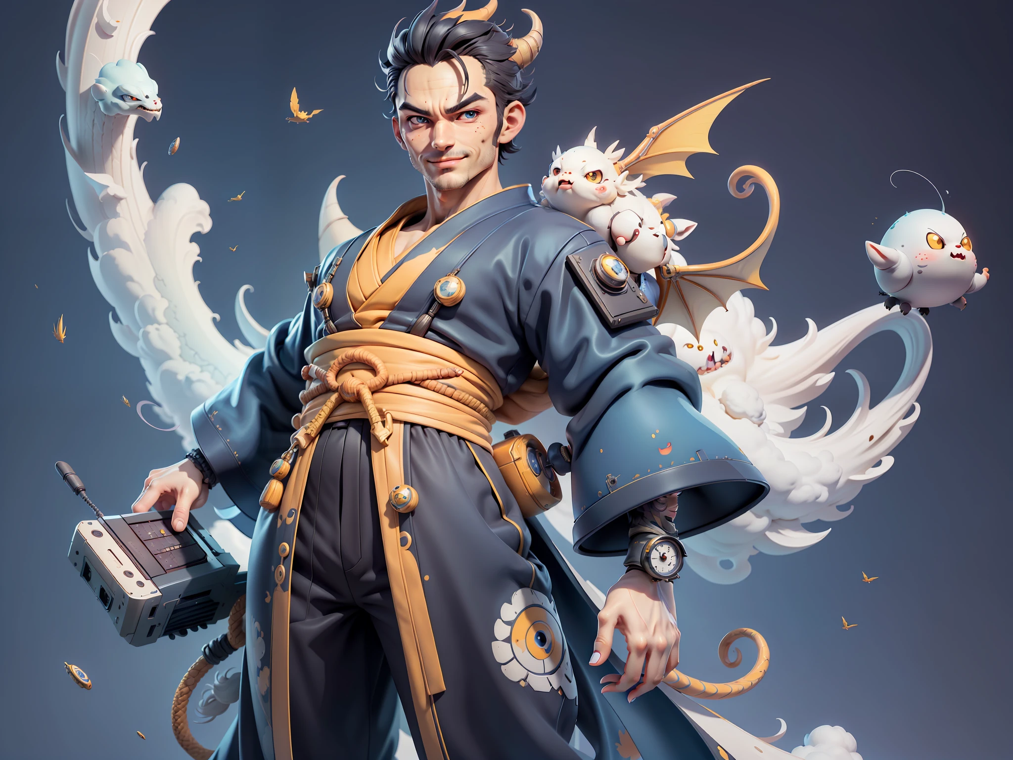 (Masterpiece), (Extreme Quality), (Super Meticulous), (Full Body: 1.2), Super Young Man, Oriental Face, Japanese Kimono, Background, Japanese Ascension Dragon, Cloud, Sky, Dragon, Tongue, Sky, Building, City, Blue Eyes, Open Mouth, Teeth, Horn, Glow, TV Anchor, Bust Portrait Illustration, Alone, Black Suit, Blue Tie, Slightly Chubby Face, Very Clean Face, No Beard, Black Super Short Hair, Black Eyes, Confident Smile, 3c Computer Sub-Products, iPad, iPhone, Digital painting, 3D character design by Akira Toriyama and Mark Claireden and Pixar and Hayao Miyazaki, the illustrations are HD illustrations in 4K resolution with very detailed facial features and cartoon-style visuals.