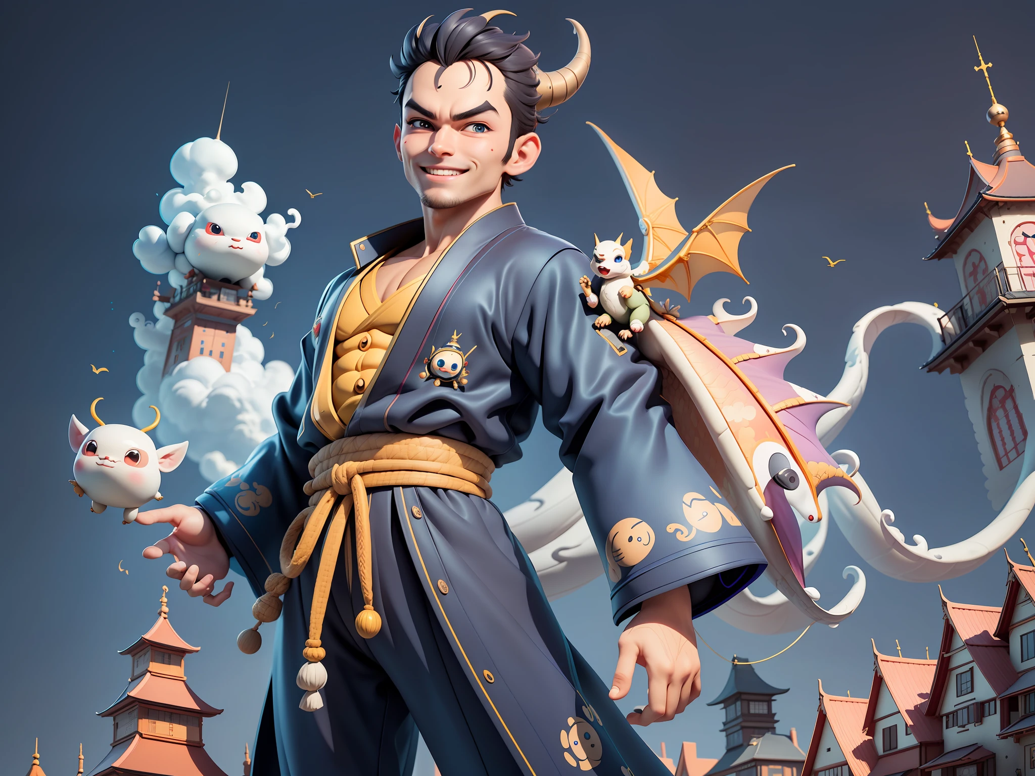 (Masterpiece), (Extreme Quality), (Super Meticulous), (Full Body: 1.2), Super Young Man, Oriental Face, Japanese Kimono, Background, Japanese Ascension Dragon, Cloud, Sky, Dragon, Tongue, Sky, Building, City, Blue Eyes, Open Mouth, Teeth, Horn, Glow, TV Anchor, Bust Portrait Illustration, Alone, Black Suit, Blue Tie, Slightly Chubby Face, Very Clean Face, No Beard, Black Super Short Hair, Black Eyes, Confident Smile, 3c Computer Sub-Products, iPad, iPhone, Digital painting, 3D character design by Akira Toriyama and Mark Claireden and Pixar and Hayao Miyazaki, the illustrations are HD illustrations in 4K resolution with very detailed facial features and cartoon-style visuals.