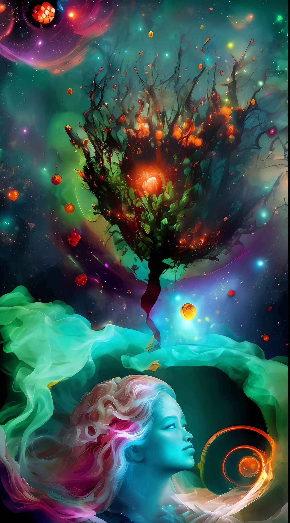 Incredible and spectacular scene, a "((high quality)), (detailed)), ((fantasy)), illustration, perspective (45 degree tilt angle), theme (enchanted forest style), scene elements (handsome boy, beautiful girl), picture quality (3D rendering effect), exquisite details, beautiful lights "emerge from glowing clouds, fractal nebula lines, cosmic entities, celestial bodies, universes, vibrant and vivid, swirling, rotating, impractical, high contrast, co-metabolic, magical, mysterious, mysterious, surreal, Oversaturated, colorful