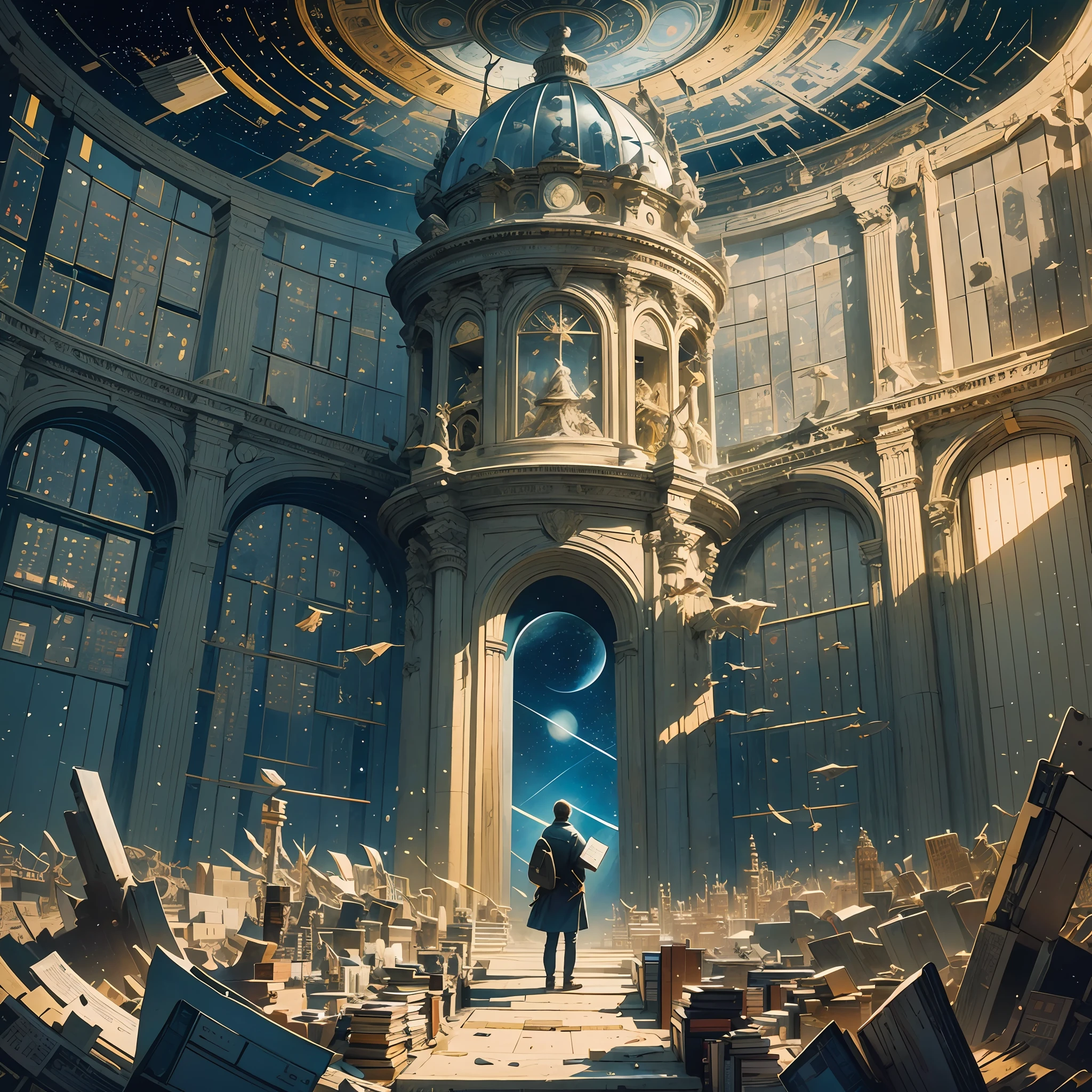 An inspiring illustration depicting a student standing in front of a vast universe filled with books and symbols of knowledge. The illustration showcases the student in a contemplative pose, surrounded by an array of books floating in space. The universe is adorned with constellations representing different fields of study, and intricate symbols of wisdom and enlightenment. The illustration captures the sense of wonder, curiosity, and limitless possibilities that come with the pursuit of knowledge, Illustration, digital art, --ar 16:9 --v 5 --auto --s2