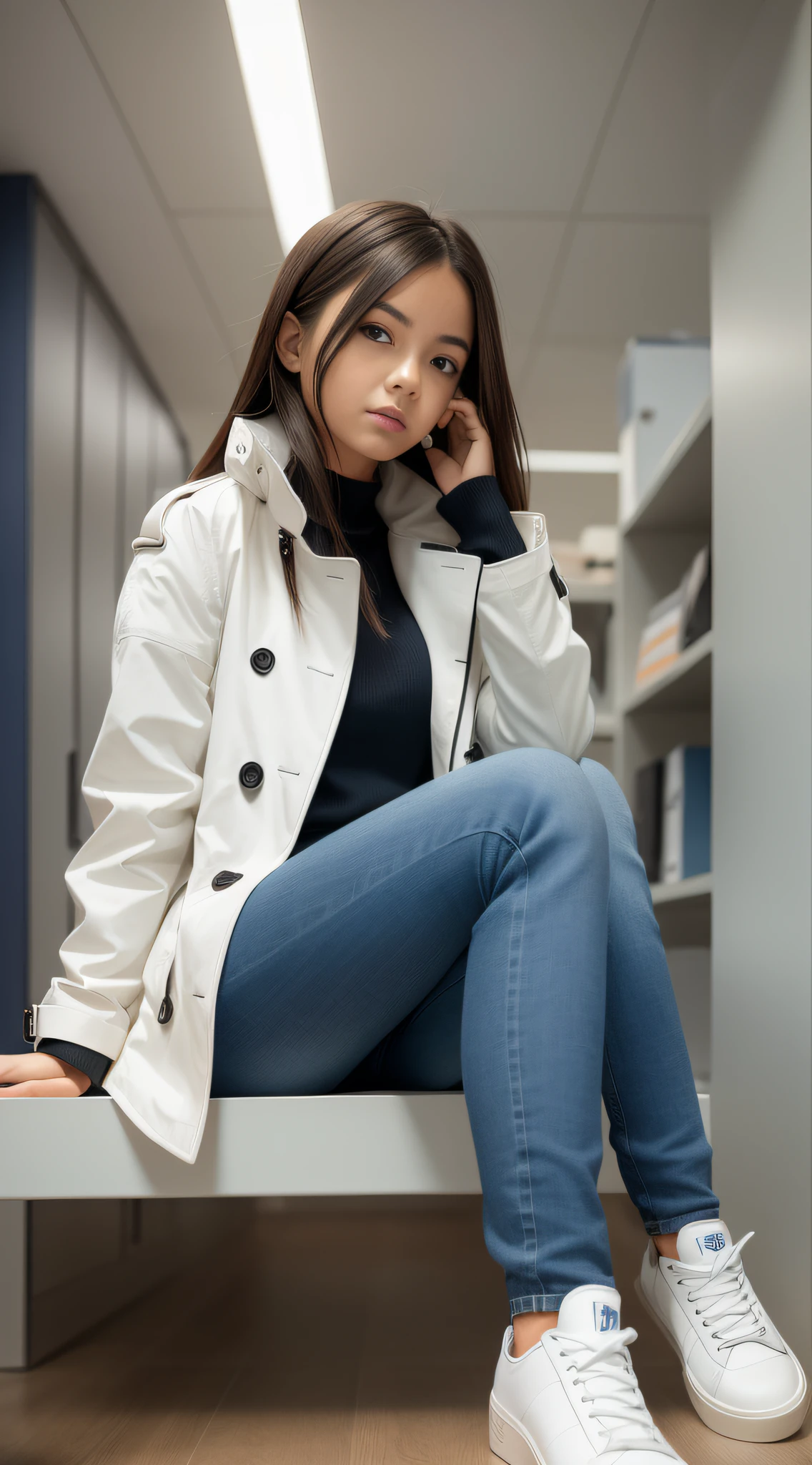 A girl sitting in office in a white trench coat, dark blue skinny jeans, sneakers, far shot