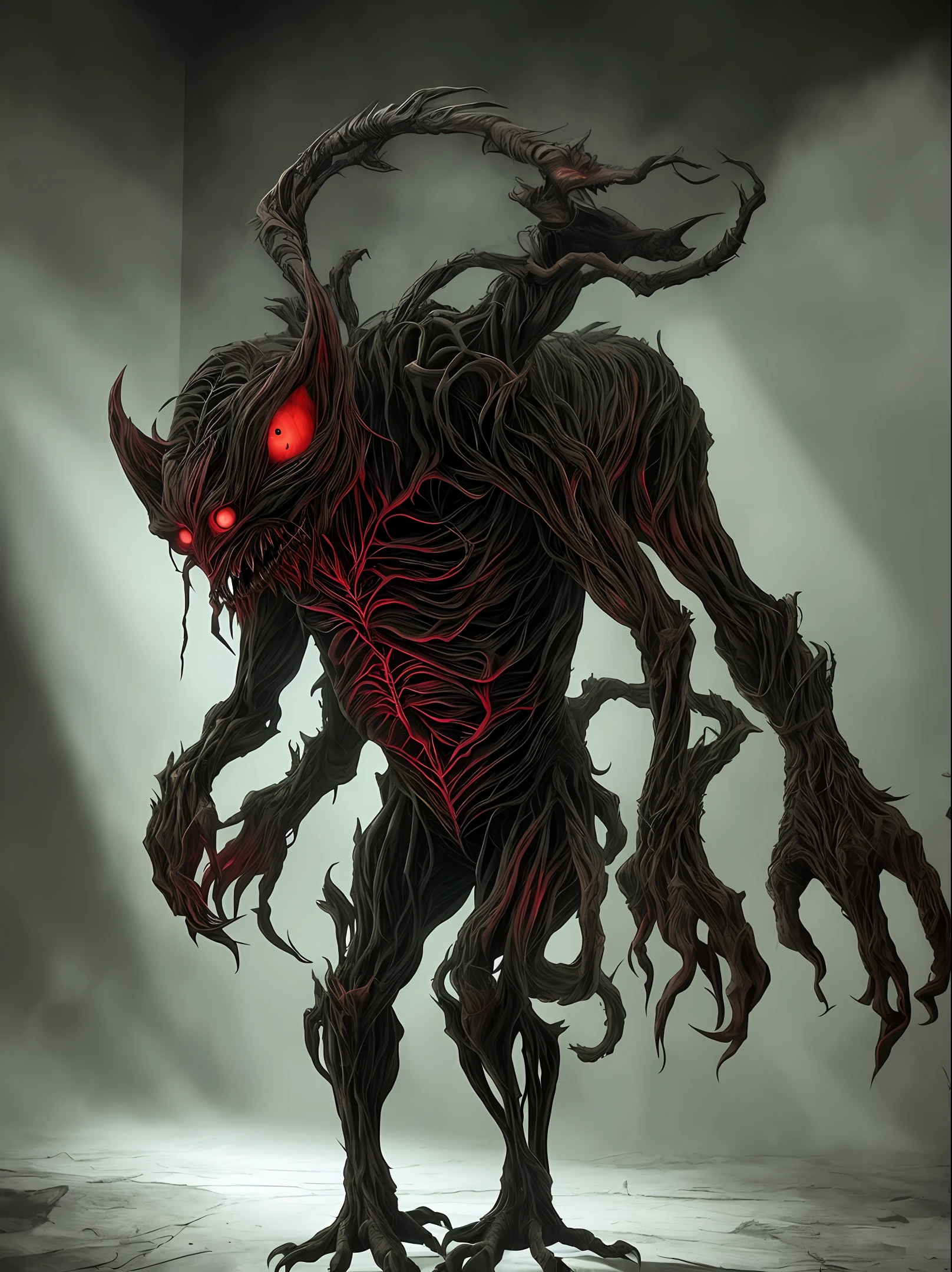 A strange creature is in a dark room, demonic, ultra realistic, highly detailed