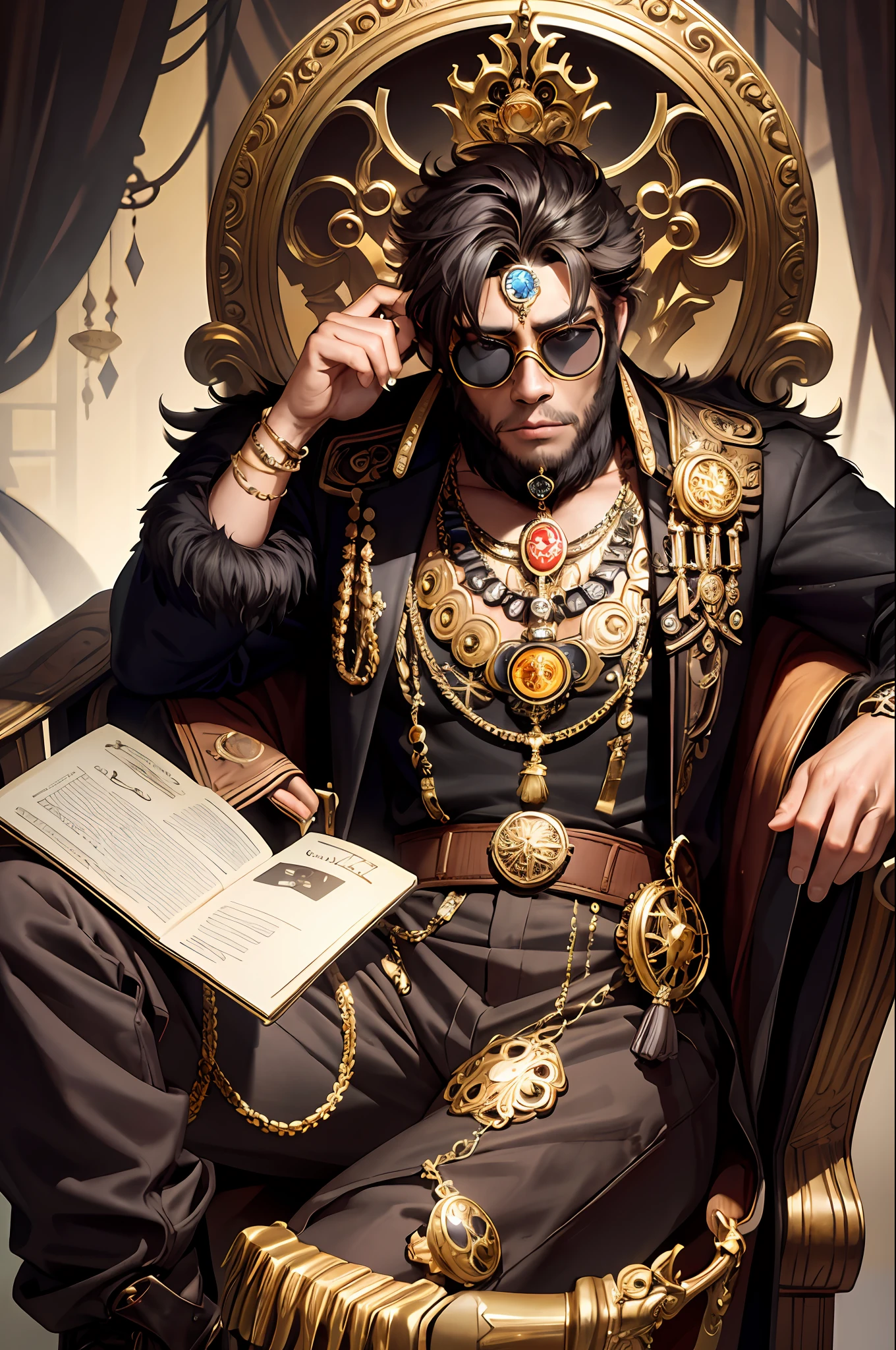 masterpiece, best quality, photorealistic ,fashionmonkey, gorilla, eyewear on head, gears, gem, goggles , gold, jewelry, magic circle,male_focus, owl, pants, shoes, sunglasses, tassel, throne,