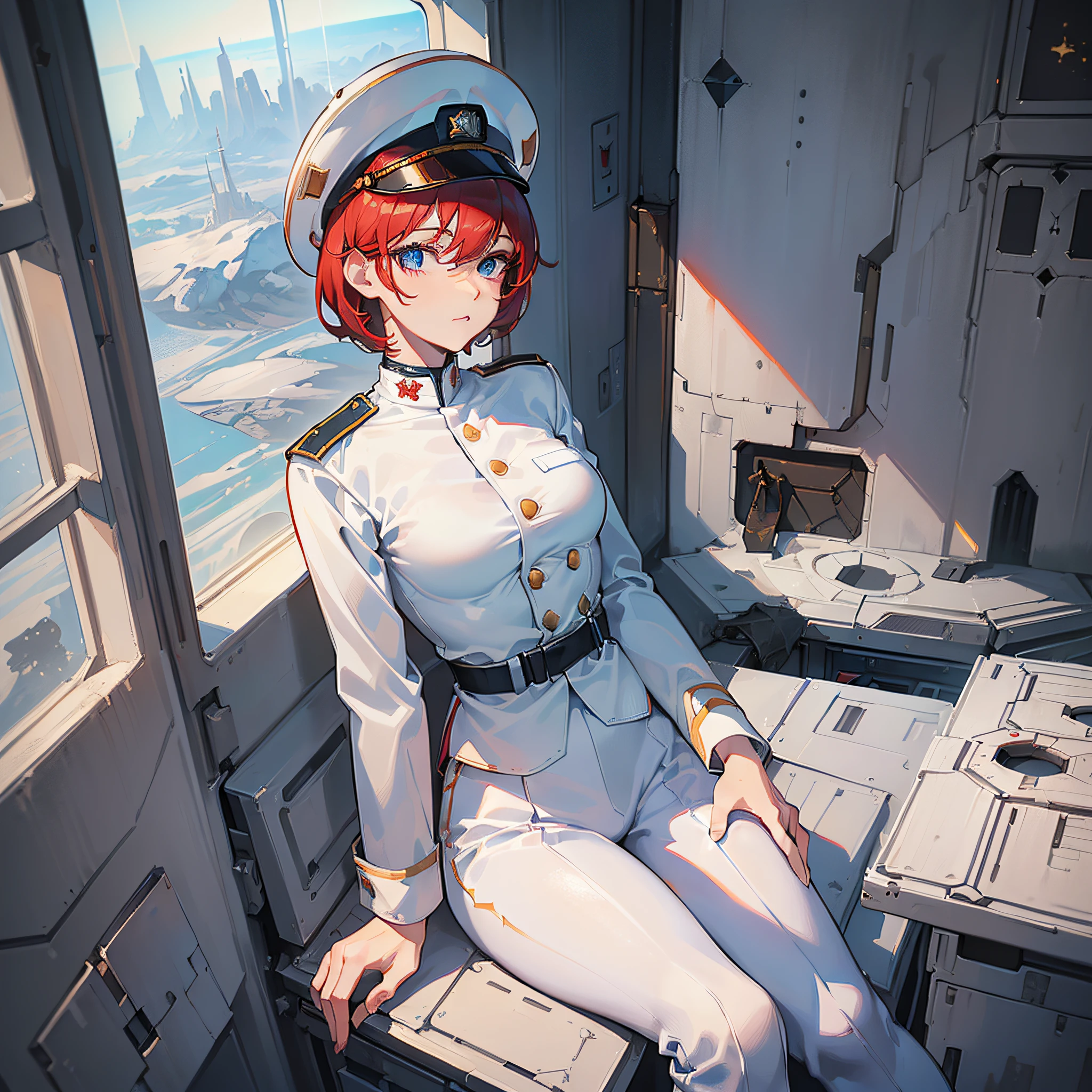 ((Masterpiece)), ((Best Quality)), ((Best Quality)), (Illustration of One Girl), Neutral, Full Body, Short Red Hair, (Thin Hair on Both Sides of Face), Blue Eyes, (((Tall)), Muscular Strong Body, Manspreading, (((Military Uniform)), ((Military Hat)), (White Clothes), (White Trousers), (White Hat), ((Inside the Spaceship)), (Outside the Window, Space)