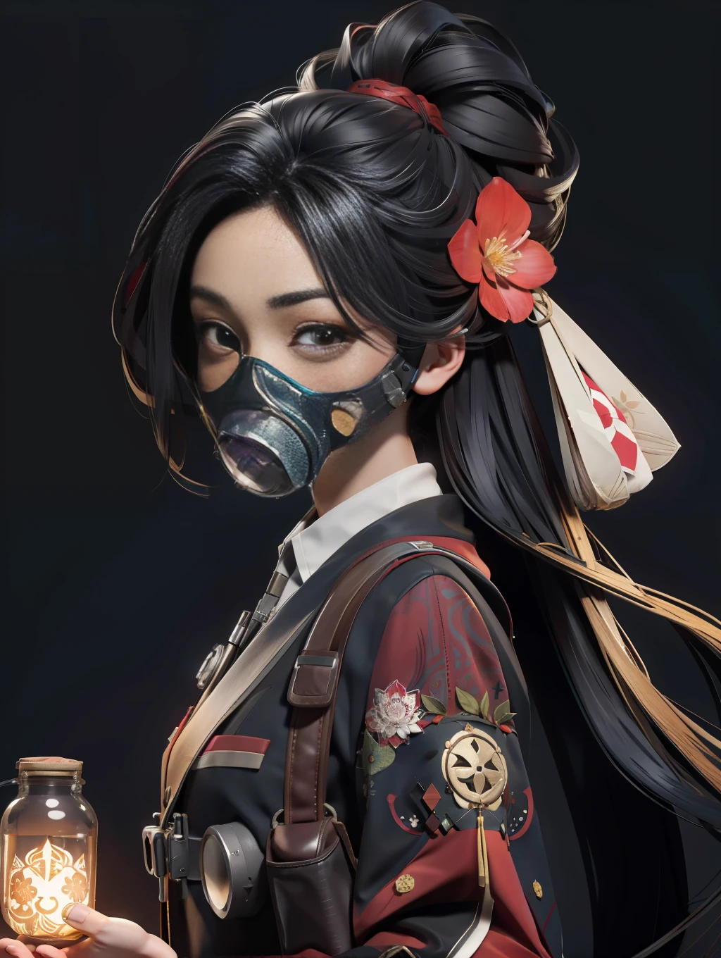 (Official Art, Unity 8k wallpaper, super detailed, high quality, best quality),
(Zen Entanglement, Mandala, Tangled, Entanglement: 0.6), (Red, Black), Flat Color, Limited Color Palette, Low Contrast, (1 Girl: 1.2), Solo, Seraf, Long Straight Black Hair, Garlic Flower, (Gloomy), (Gas Mask: 1.3),