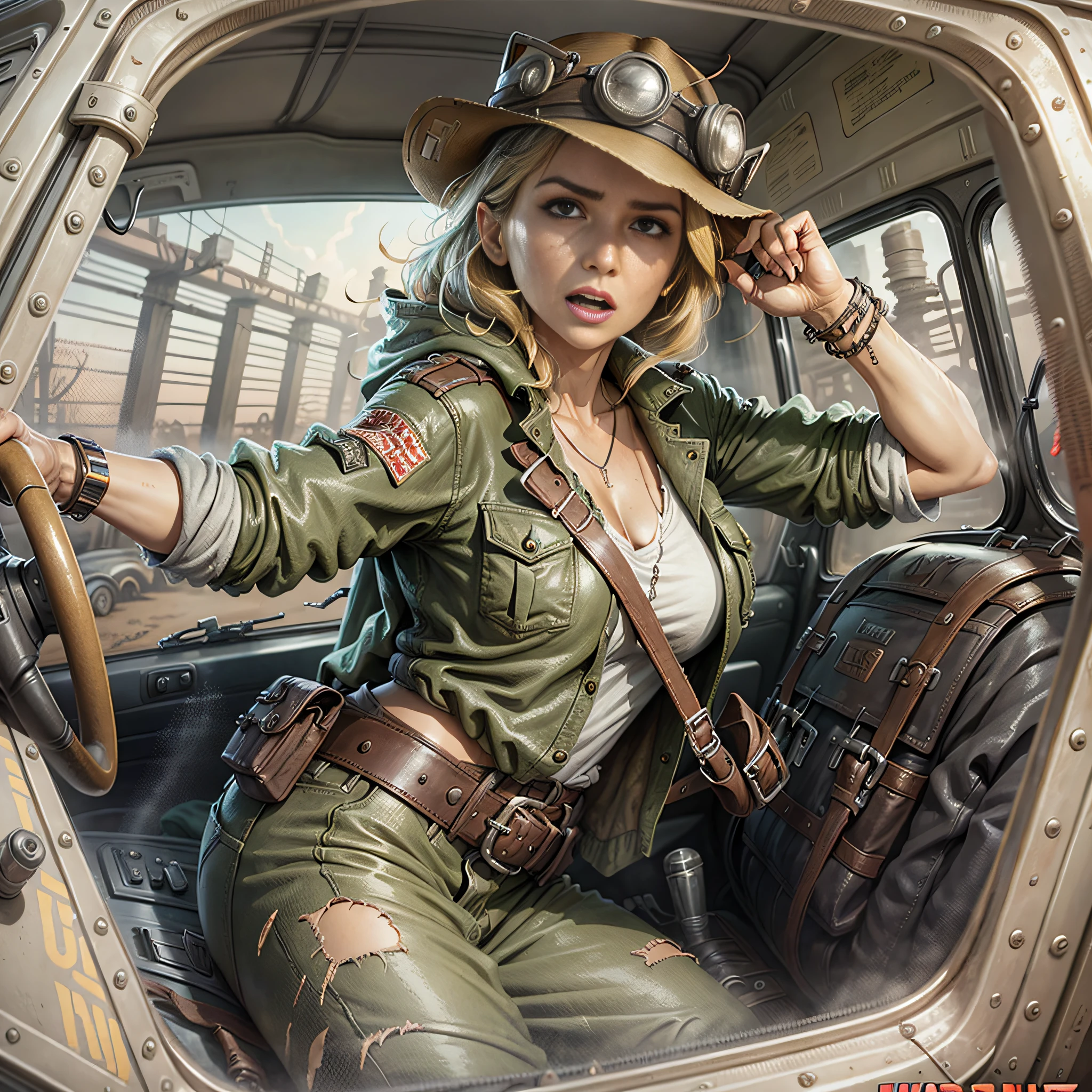 Female Indiana Jones in the car, car chase,madmax 風