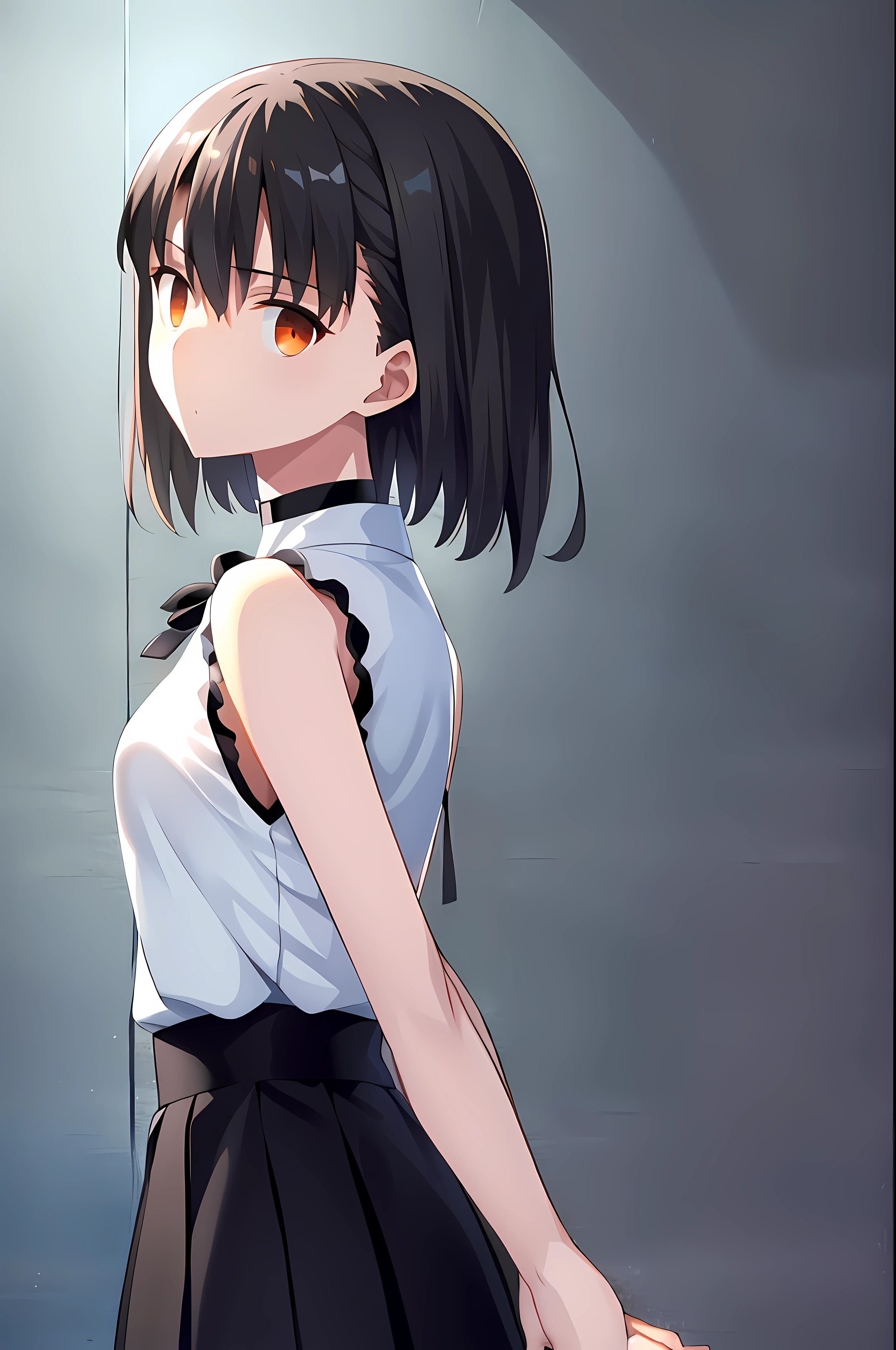 (best quality, high-res, official art, ultra resolution, ufotable screen cap), blur, from side, 1girl, sleeveless white button shirt, black skirt, black choker, cute, (black reverse bob cut, short hair:1), ((orange eyes)), looking at viewer, detailed hands, dark studio, rim lighting, two tone lighting, dimly lit, low key, zeronis, blurred, blur, beautiful, perfection, trending on ArtStation