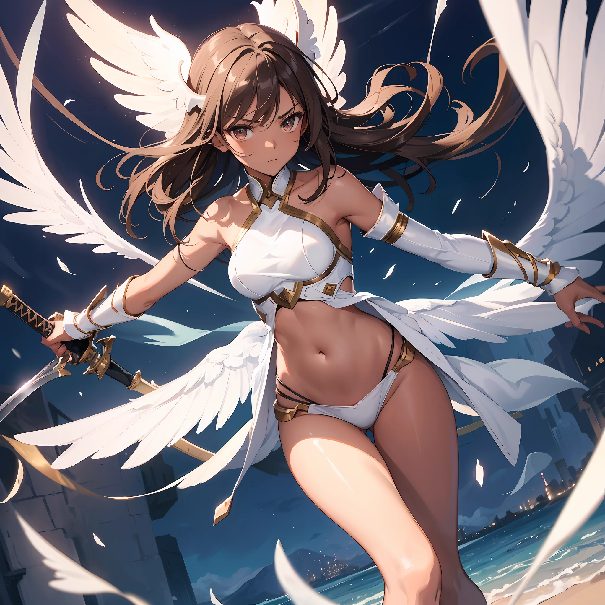 1angel_girl, , brown_hair, medium_hair, (dark_skin)+, bare_shoulder, (bare_navel)0.8, Thigh,silver_shiny_armor, white_clothes,waist_armor, hold_sword_hilt, medium_breasts, angry, shout, dynamic_pose_fighting, floating, (1pair_white_wings), sunrise_city_background,(pelvic_curtain)++, headgear ,slightly_spread_legs,multiple_shiny_swords_floating_ around_the_girl
