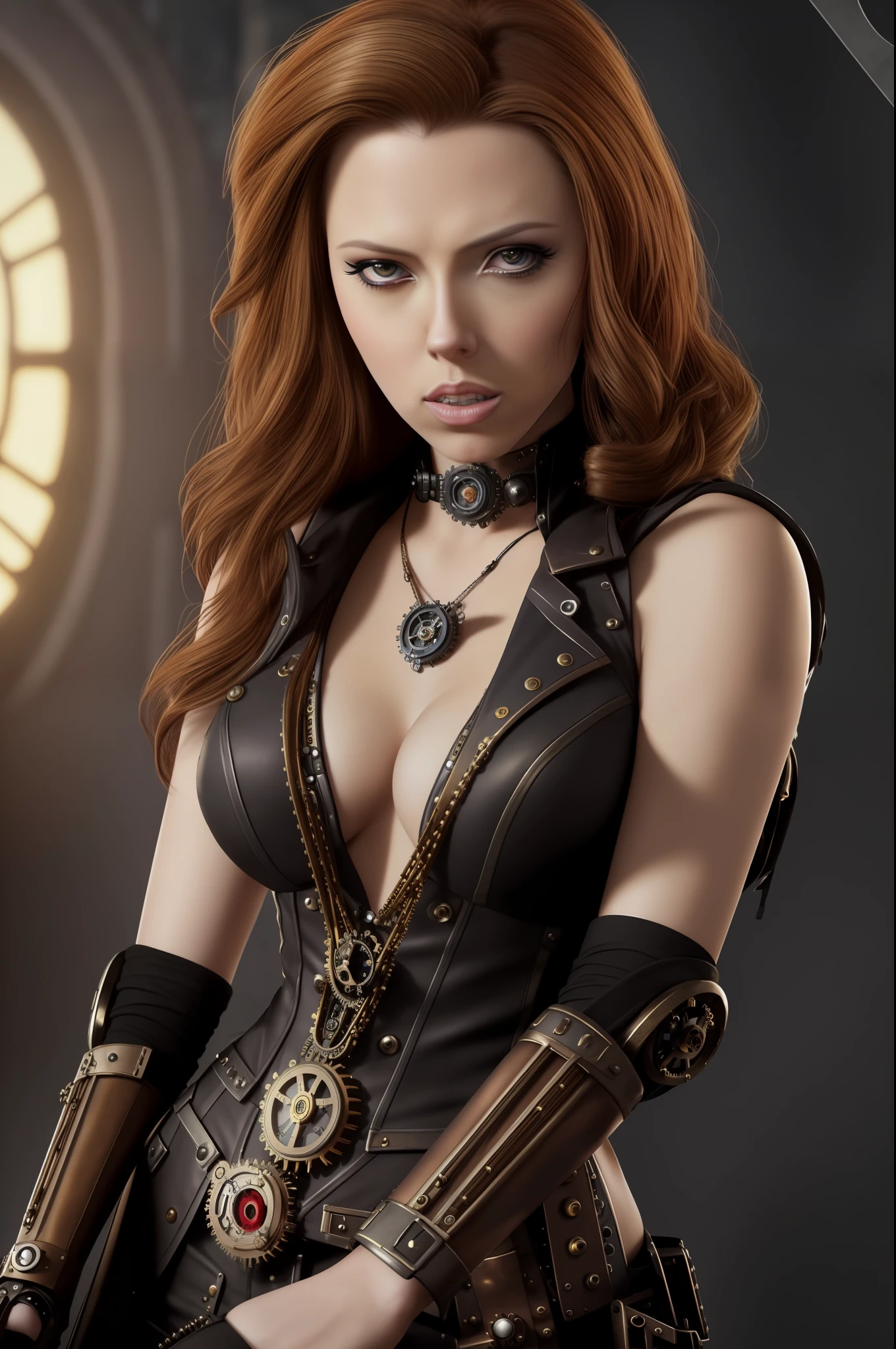 photo of woman, Natasha Romanov, foto by (Scarlet Johansson:1.1), (front to camera), detailed european face, (aspiring facial expression), (((steampunk style close))), ((steampunk city on the background)), RAW, analog style, ultra detailed photograph, cinematic lighting, artstation, 4k, sharp focus, high resolution, detailed skin, detailed eyes,