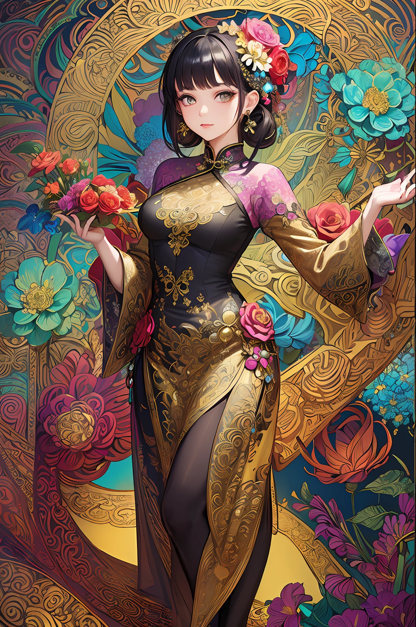 (masterpiece, top quality, best quality, official art, beautiful and aesthetic:1.2), (1girl:1.3), extremely detailed,(fractal art:1.1),(colorful:1.1)(flowers:1.3),highest detailed,(zentangle:1.2), (dynamic pose), (abstract background:1.3), (chinese dress:1.2), (shiny skin), (many colors:1.4), ,(earrings:1.4),