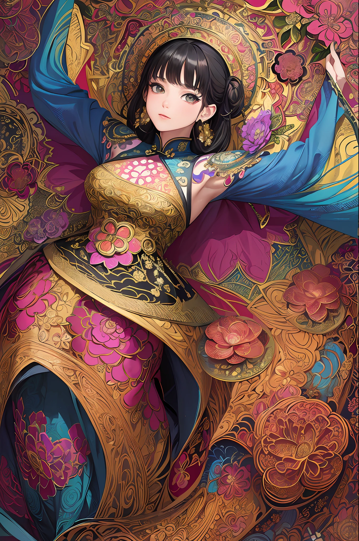 (masterpiece, top quality, best quality, official art, beautiful and aesthetic:1.2), (1girl:1.3), extremely detailed,(fractal art:1.1),(colorful:1.1)(flowers:1.3),highest detailed,(zentangle:1.2), (dynamic pose), (abstract background:1.3), (chinese dress:1.2), (shiny skin), (many colors:1.4), ,(earrings:1.4),