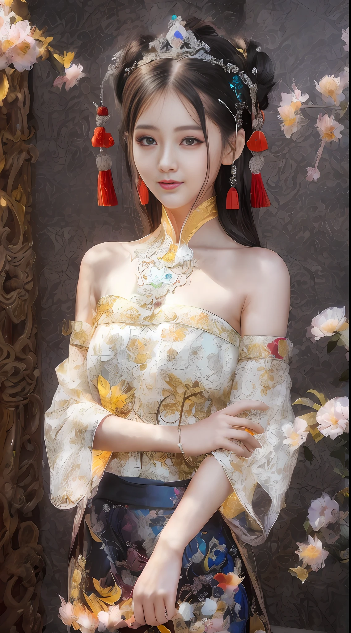 there is a woman in a dress posing for a picture, gorgeous chinese model, traditional beauty, with acient chinese clothes, japanese goddess, palace , a girl in hanfu, chinese girl, chinese princess, traditional chinese, full body xianxia, beautiful maiden, a beautiful fantasy empress, beautiful asian girl, inspired by Lan Ying, white hanfu