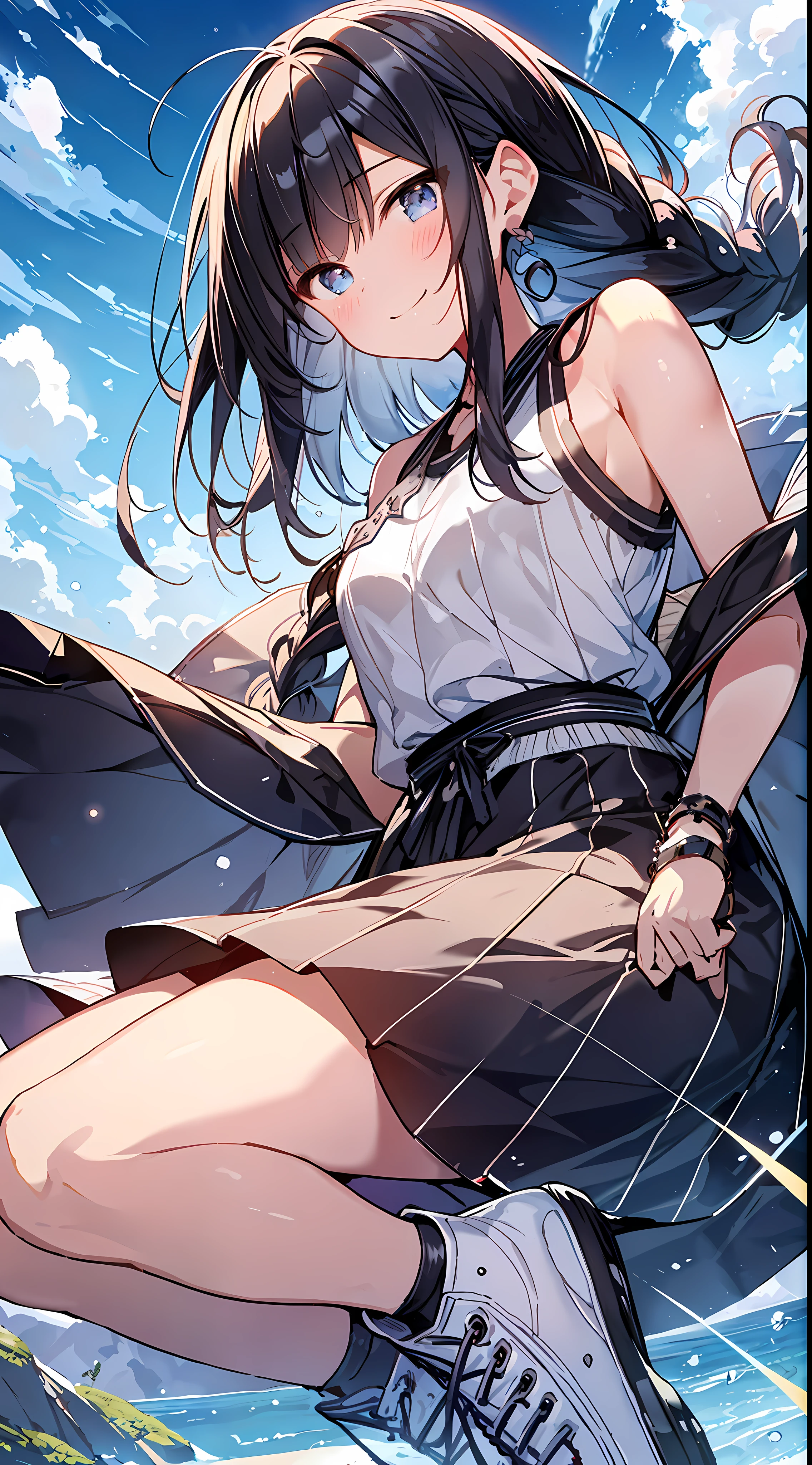 Top Quality, Masterpiece, Ultra High Definition, 8k, Summer Sky, Early Summer, (Maxi Skirt, Flesh-colored Thin Knit, Sneakers), Shojo Manga Style Loli, One, Soft Line Art, Digital Enhancement, Shojo Manga Touch, Shojo Manga Core, Flowing Fabric, Close Up, (Hair length to shoulders and short braid)), Wet hair, Staring at us from the front, Soft drawing, Beautiful black hair, clear eyes, ((teasing smile)), ultra-detailed digital anime art, clear face depiction, ultra-detailed shoujo manga character art, ultra-detailed manga style, top quality colors, hand gestures, landscape with nature, looking up at the sky, angle that can be seen up to the feet