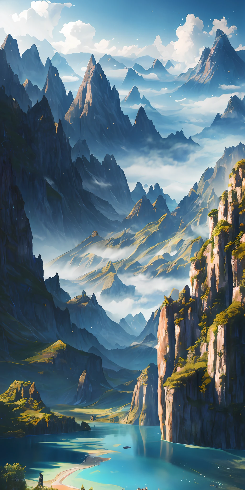 masterpiece, best quality, high quality, extremely detailed CG unity 8k wallpaper, scenery, outdoors, sky, cloud, day, no humans, mountain, landscape, water, tree, blue sky, waterfall, cliff, nature, lake, river, cloudy sky,award winning photography, Bokeh, Depth of Field, HDR, bloom, Chromatic Aberration ,Photorealistic,extremely detailed, trending on artstation, trending on CGsociety, Intricate, High Detail, dramatic, art by midjourney