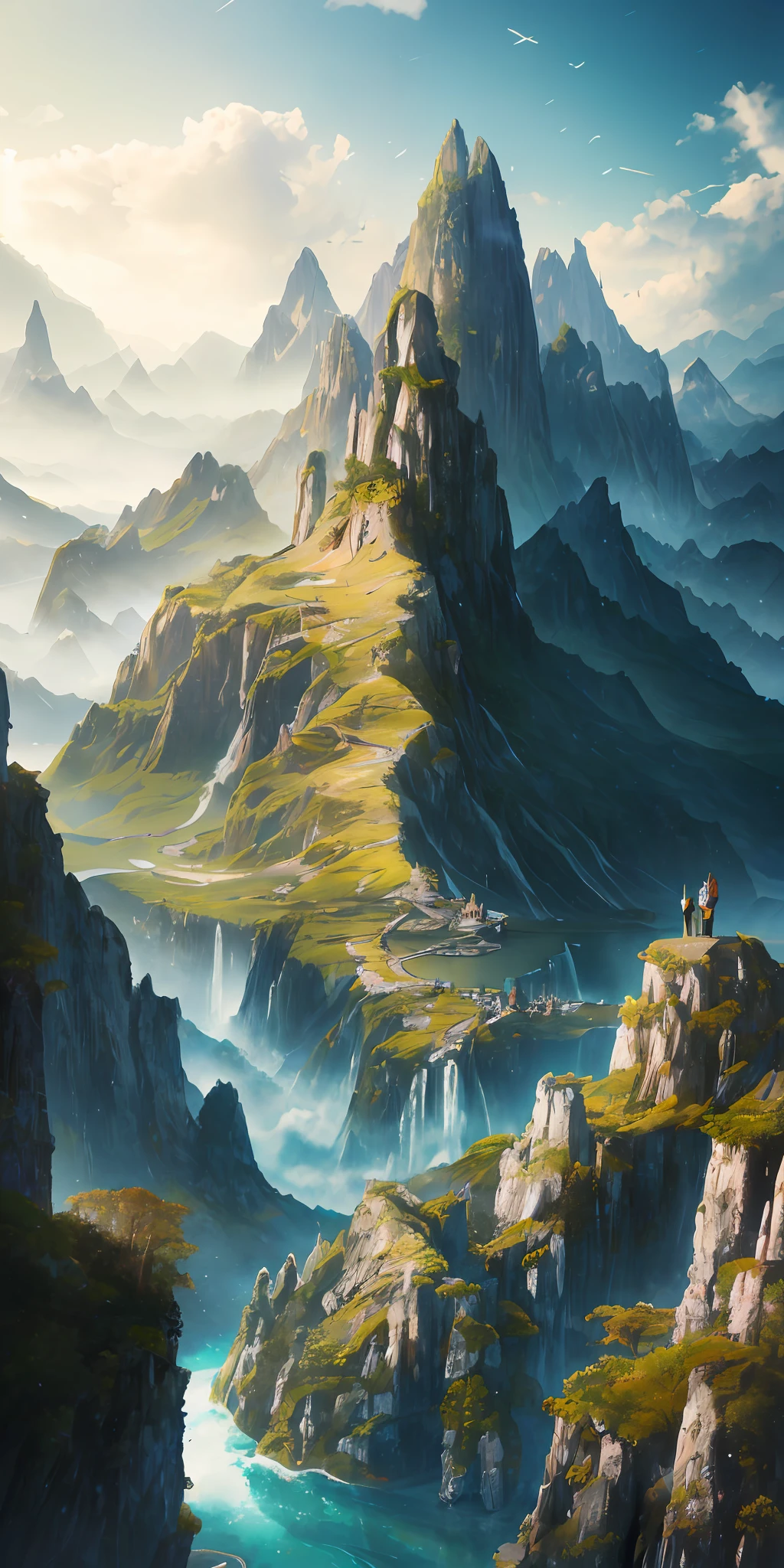 masterpiece, best quality, high quality, extremely detailed CG unity 8k wallpaper, scenery, outdoors, sky, cloud, day, no humans, mountain, landscape, water, tree, blue sky, waterfall, cliff, nature, lake, river, cloudy sky,award winning photography, Bokeh, Depth of Field, HDR, bloom, Chromatic Aberration ,Photorealistic,extremely detailed, trending on artstation, trending on CGsociety, Intricate, High Detail, dramatic, art by midjourney