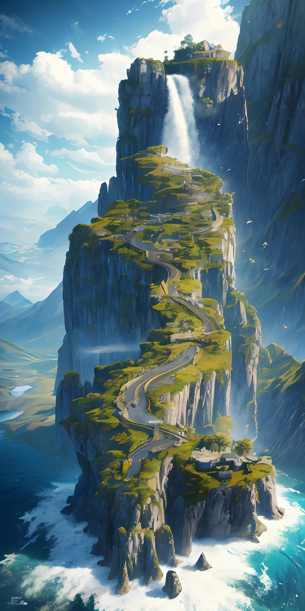 masterpiece, best quality, high quality, extremely detailed CG unity 8k wallpaper, scenery, outdoors, sky, cloud, day, no humans, mountain, landscape, water, tree, blue sky, waterfall, cliff, nature, lake, river, cloudy sky,award winning photography, Bokeh, Depth of Field, HDR, bloom, Chromatic Aberration ,Photorealistic,extremely detailed, trending on artstation, trending on CGsociety, Intricate, High Detail, dramatic, art by midjourney